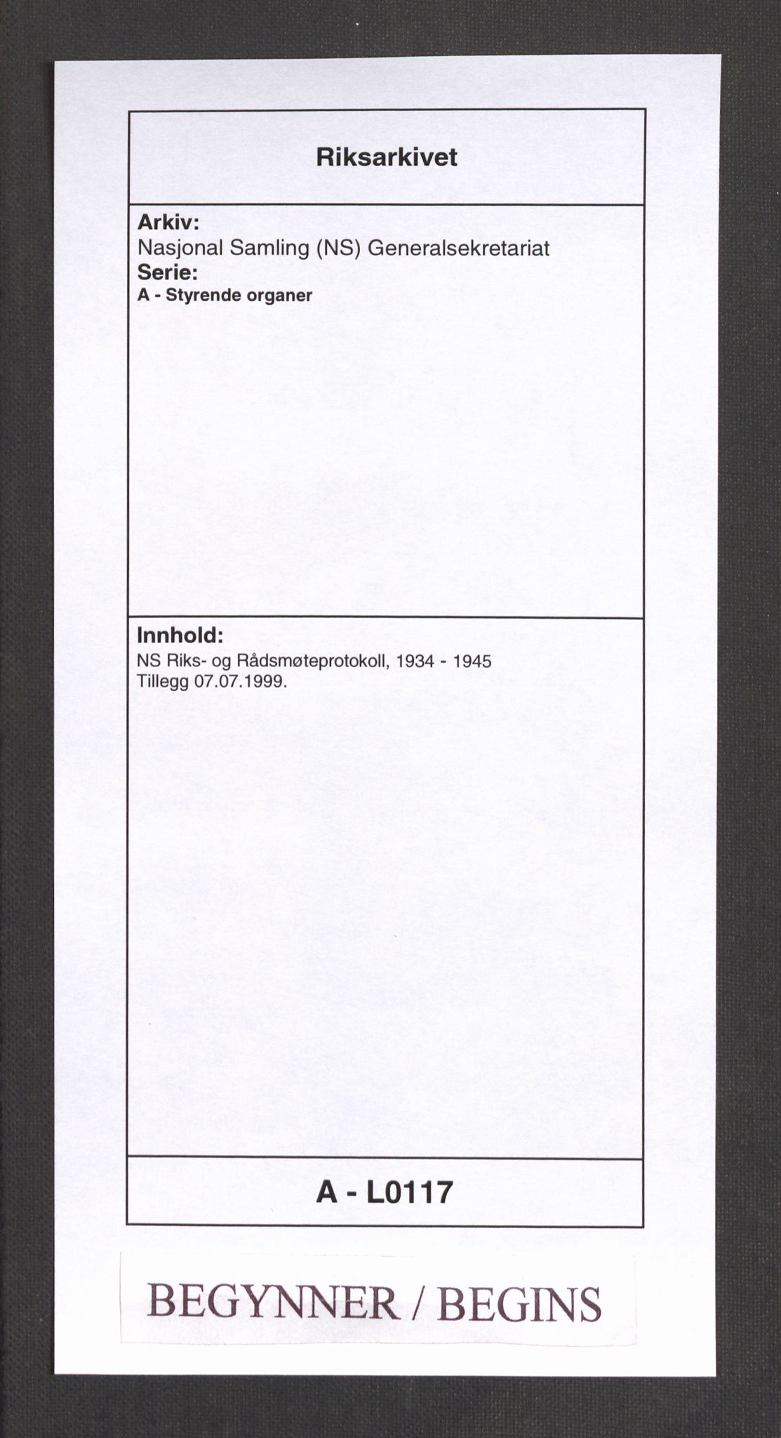 Nasjonal Samling (NS) Generalsekretariat, RA/PA-0759/A/L0117: NS Riks- og Rådsmøteprotokoll, 1934-1945