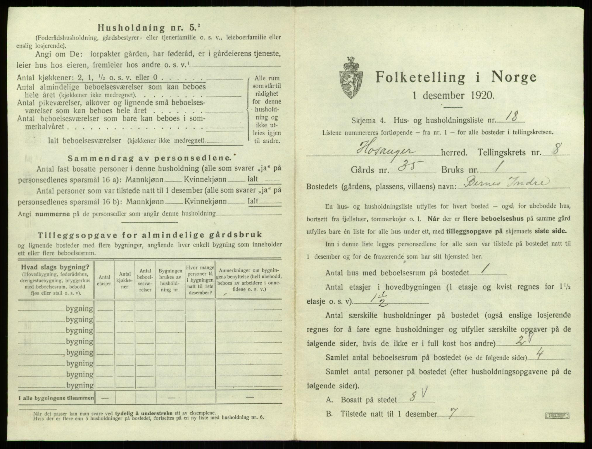 SAB, 1920 census for Hosanger, 1920, p. 460