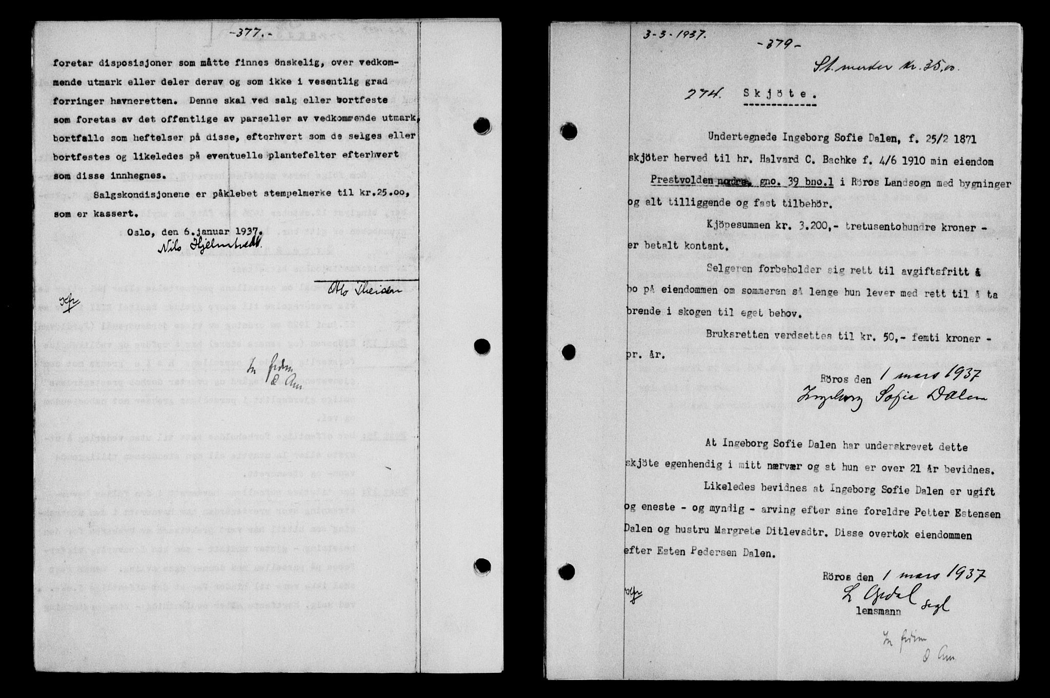 Gauldal sorenskriveri, SAT/A-0014/1/2/2C/L0047: Mortgage book no. 50-51, 1937-1937, Diary no: : 274/1937