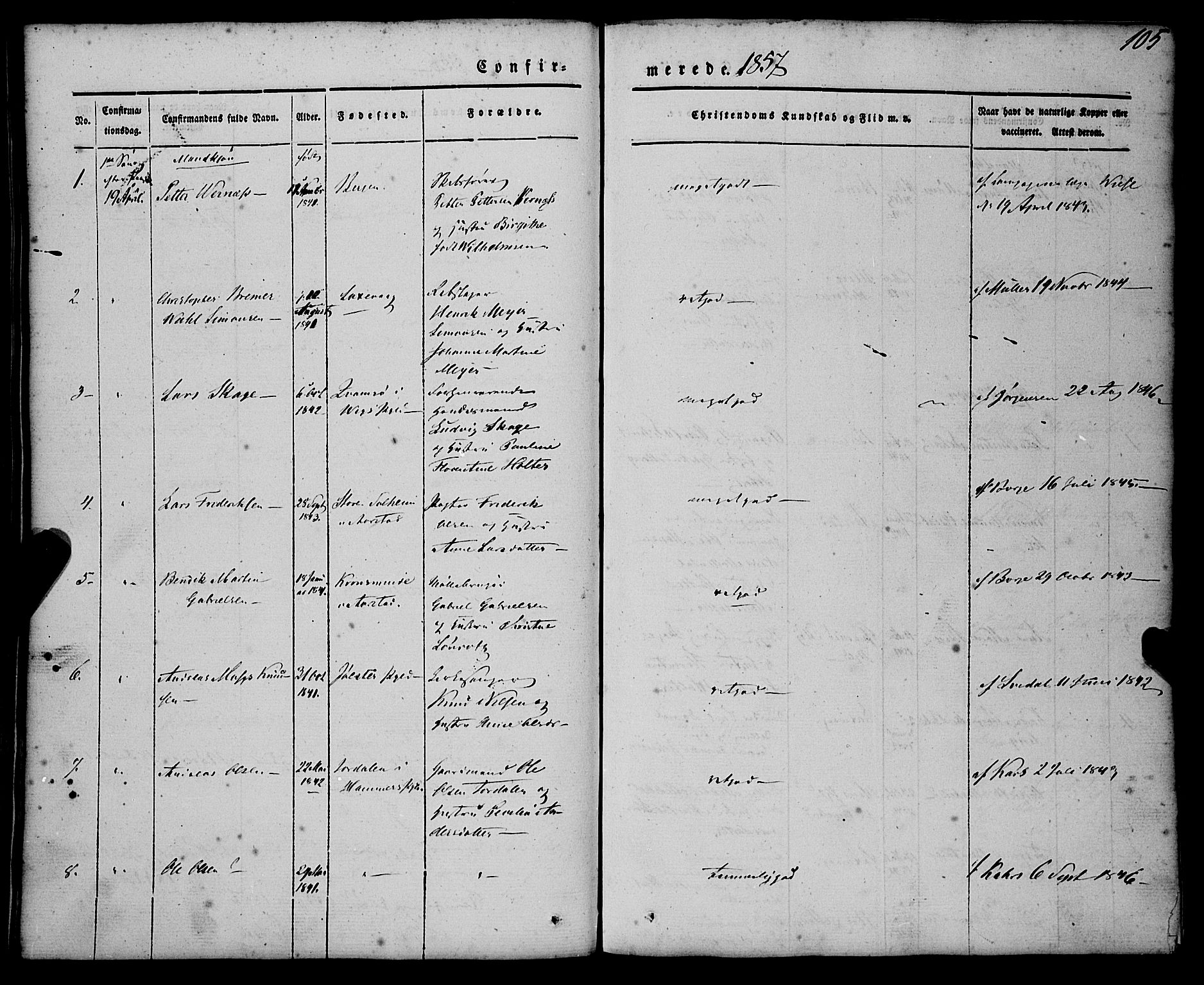 St. Jørgens hospital og Årstad sokneprestembete, AV/SAB-A-99934: Parish register (official) no. A 4, 1844-1863, p. 105