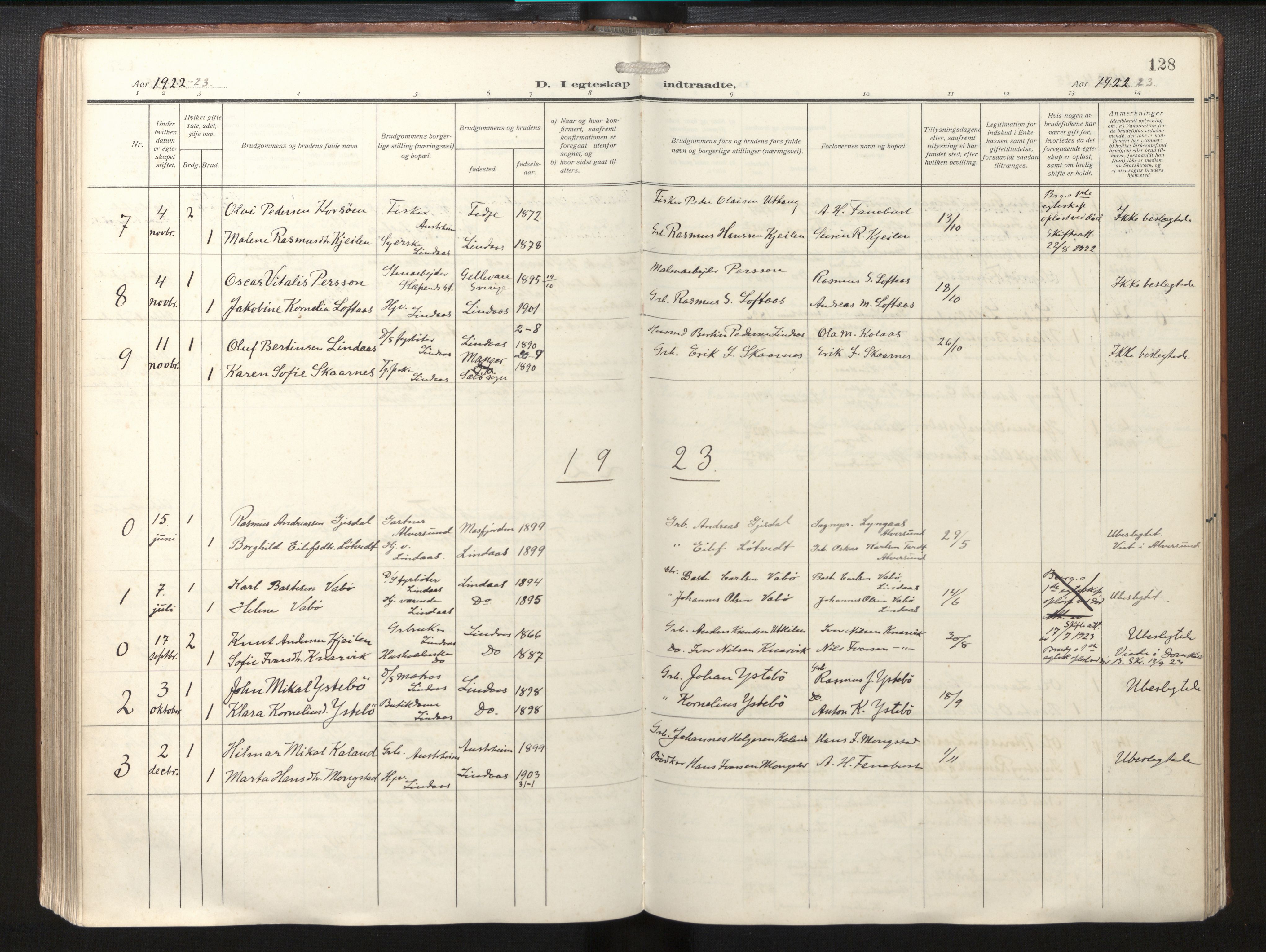 Lindås Sokneprestembete, SAB/A-76701/H/Haa/Haab/L0003: Parish register (official) no. B 3, 1912-1929, p. 128