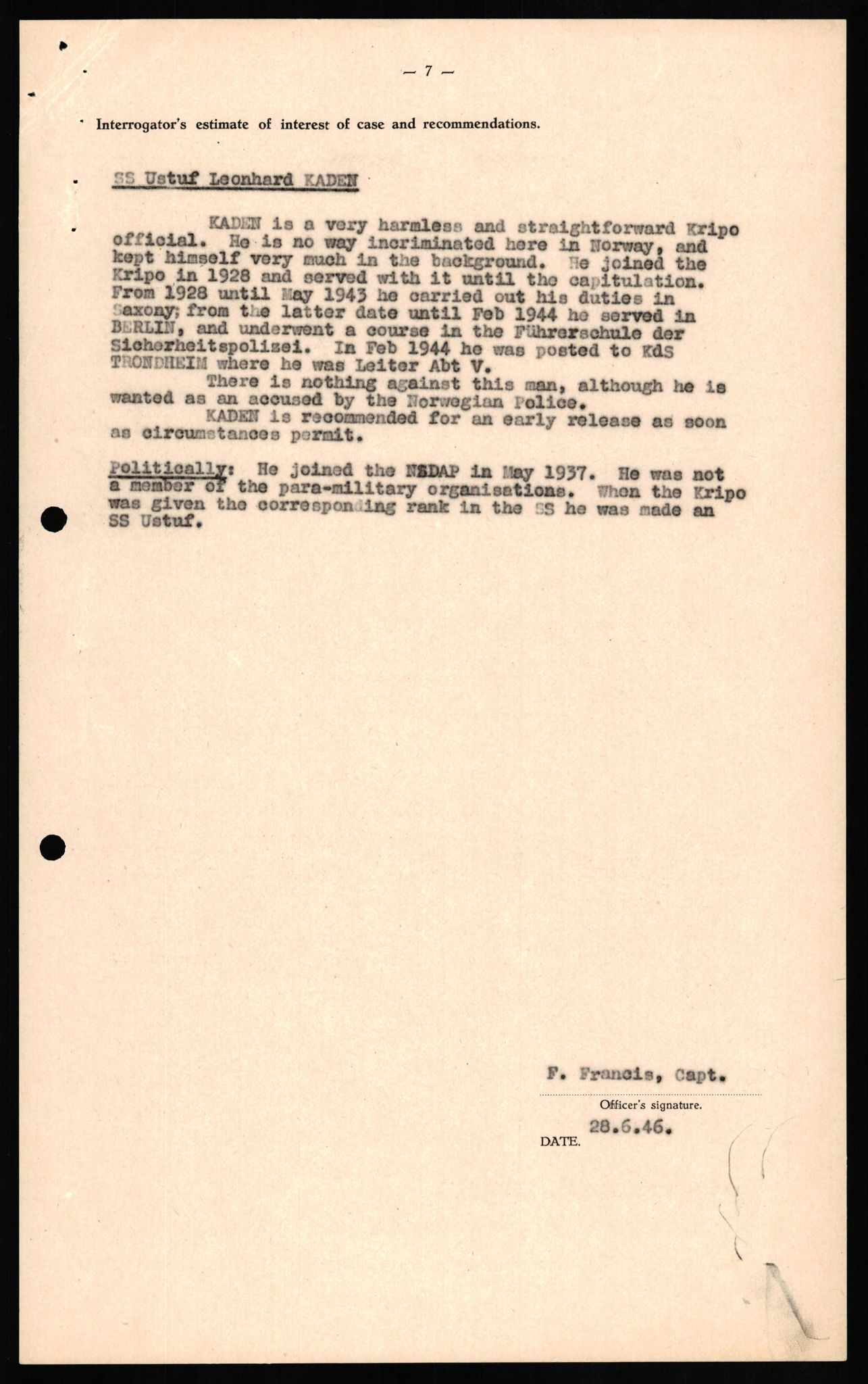 Forsvaret, Forsvarets overkommando II, AV/RA-RAFA-3915/D/Db/L0015: CI Questionaires. Tyske okkupasjonsstyrker i Norge. Tyskere., 1945-1946, p. 288