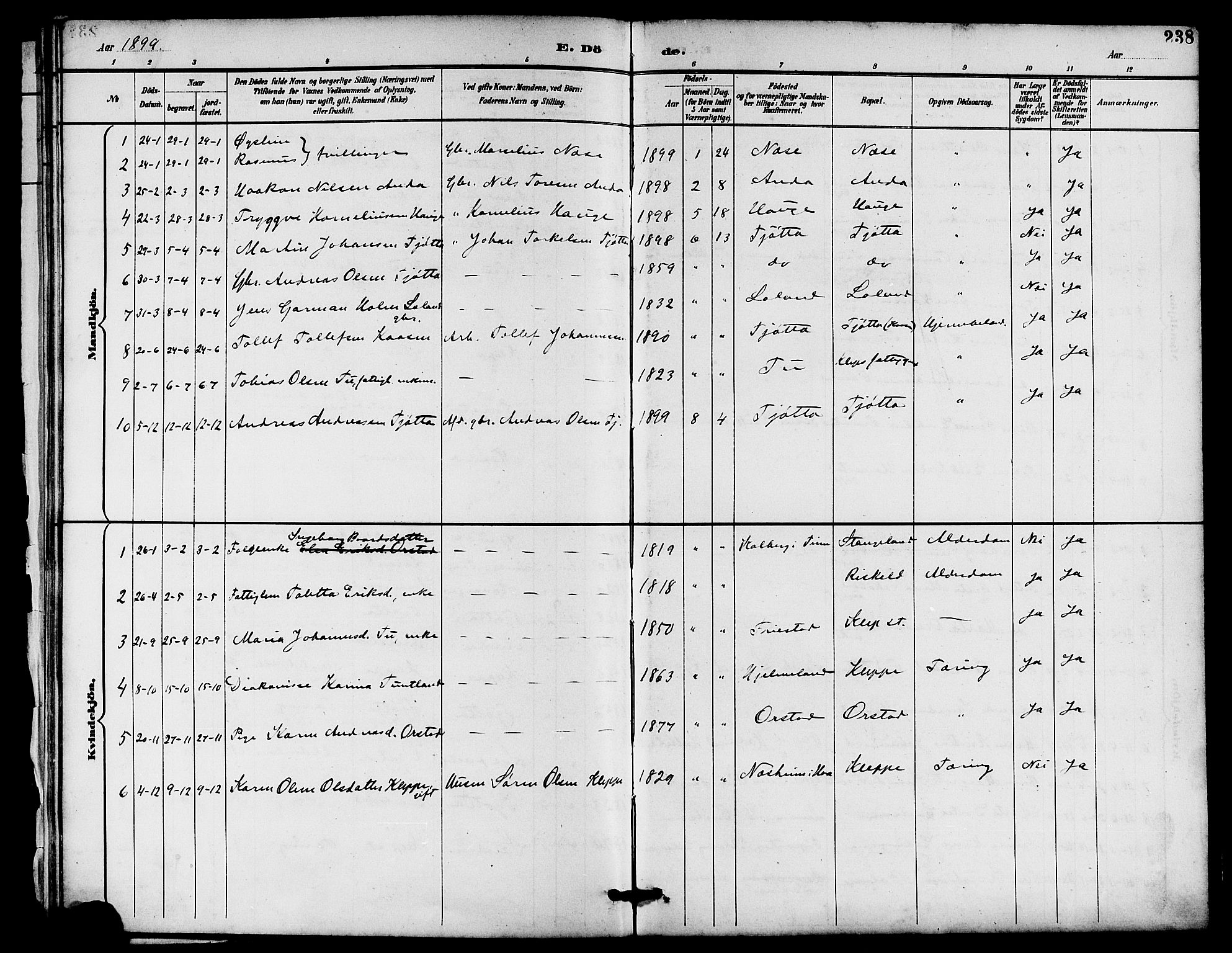 Klepp sokneprestkontor, SAST/A-101803/001/3/30BB/L0004: Parish register (copy) no. B 4, 1889-1914, p. 238