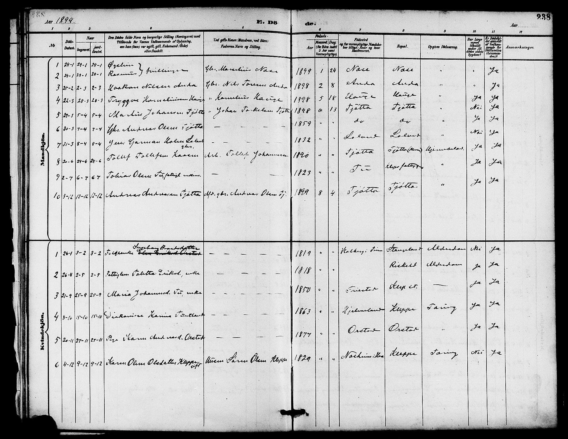 Klepp sokneprestkontor, AV/SAST-A-101803/001/3/30BB/L0004: Parish register (copy) no. B 4, 1889-1914, p. 238