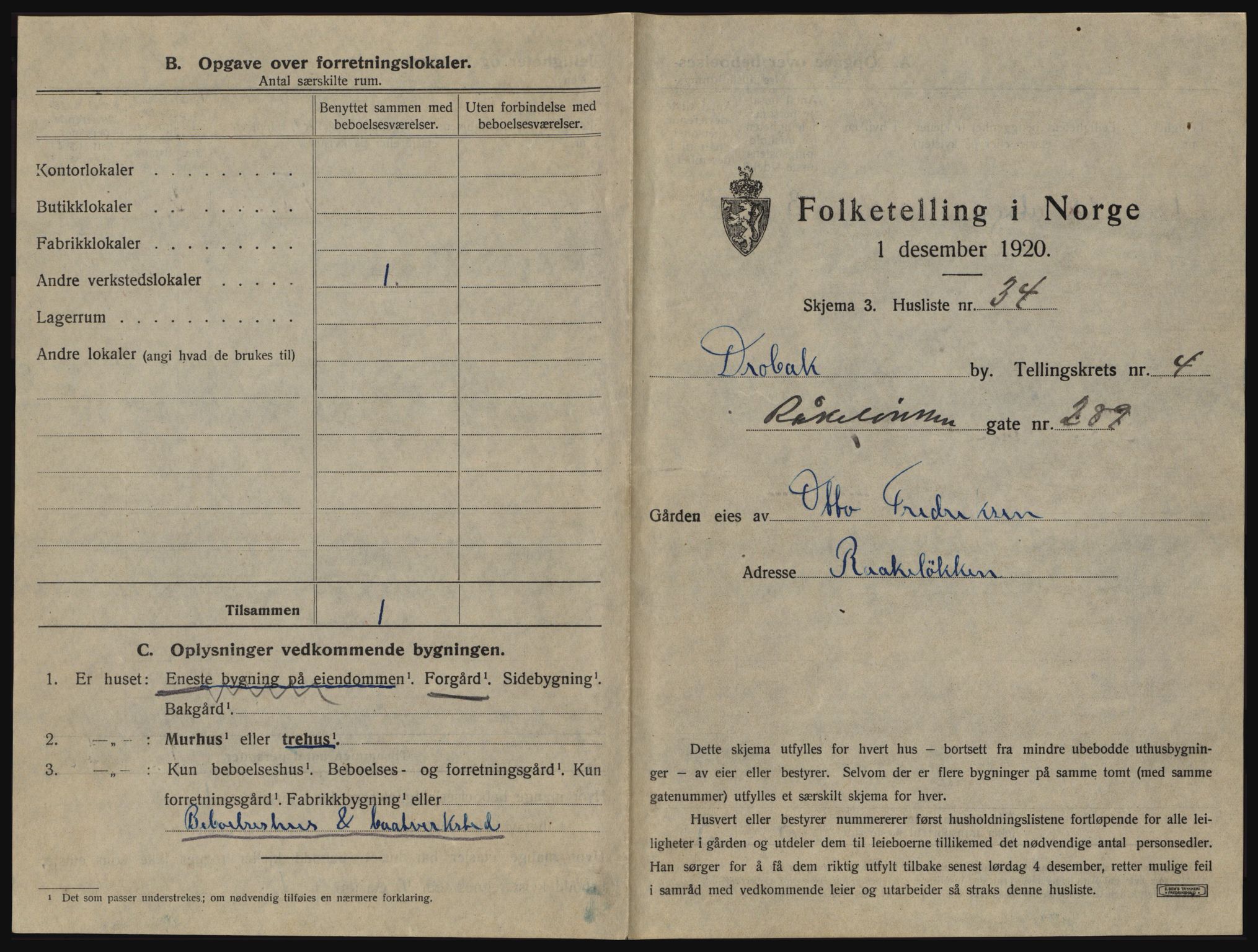 SAO, 1920 census for Drøbak, 1920, p. 433