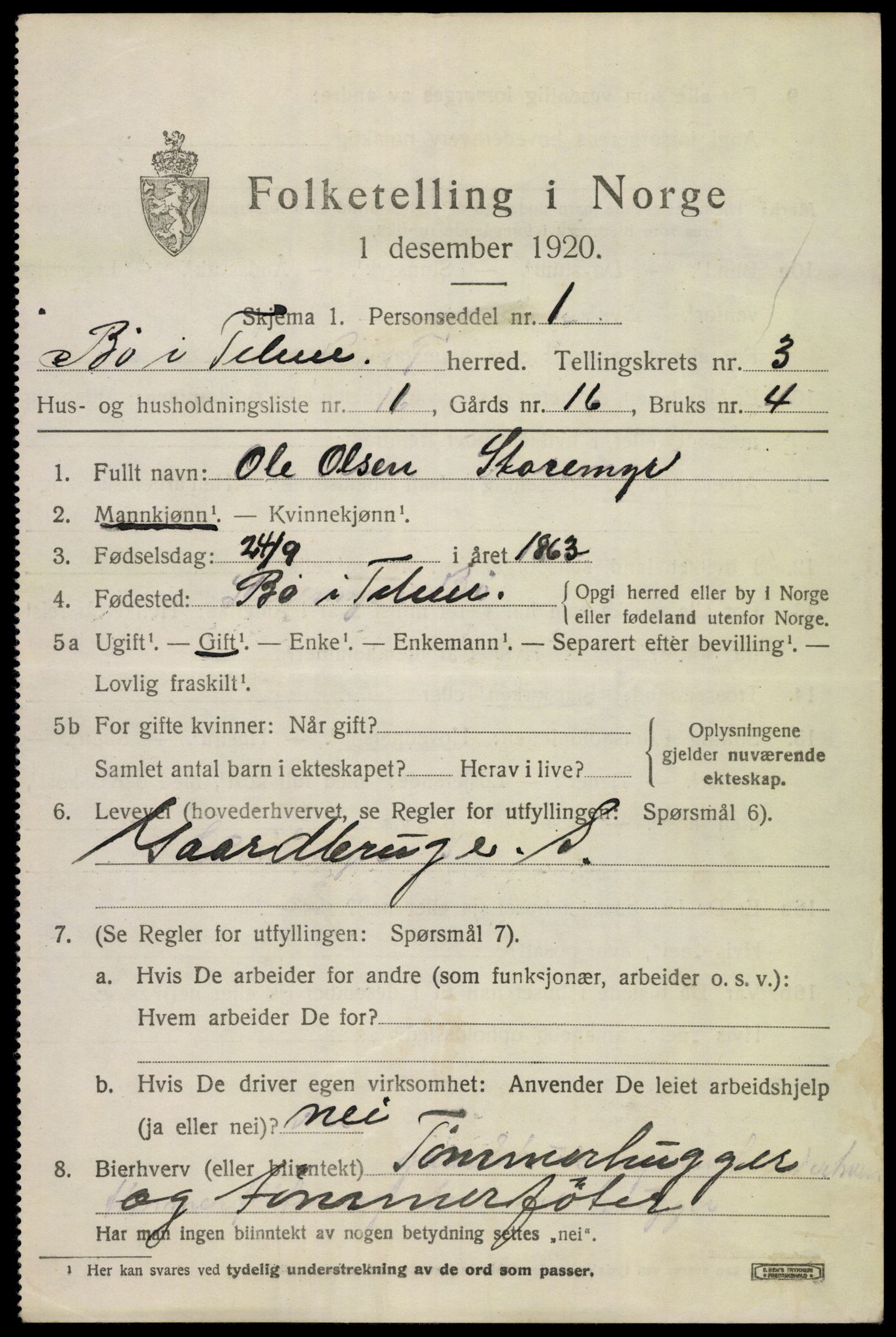 SAKO, 1920 census for Bø (Telemark), 1920, p. 2662