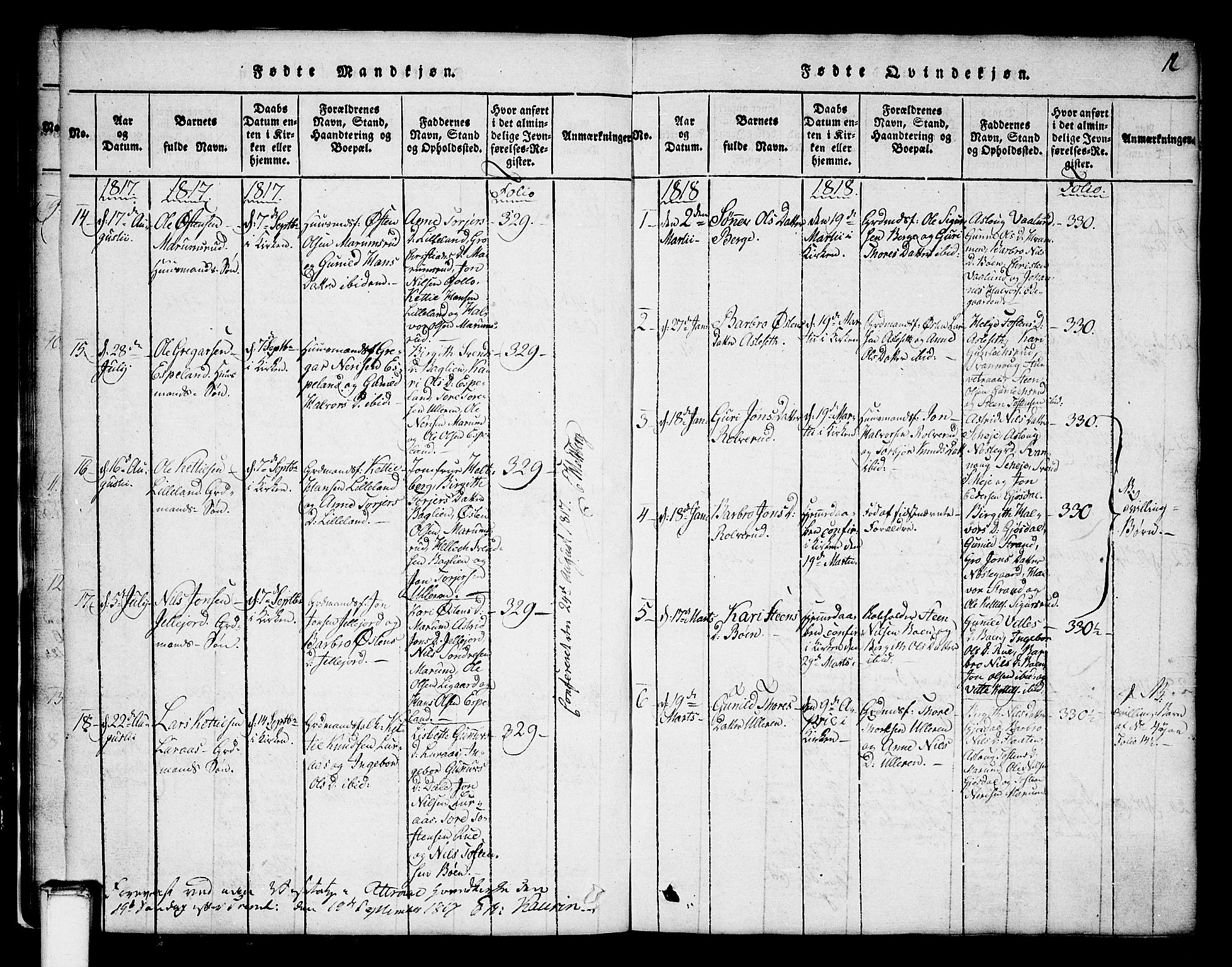 Tinn kirkebøker, SAKO/A-308/G/Ga/L0001: Parish register (copy) no. I 1, 1815-1850, p. 12