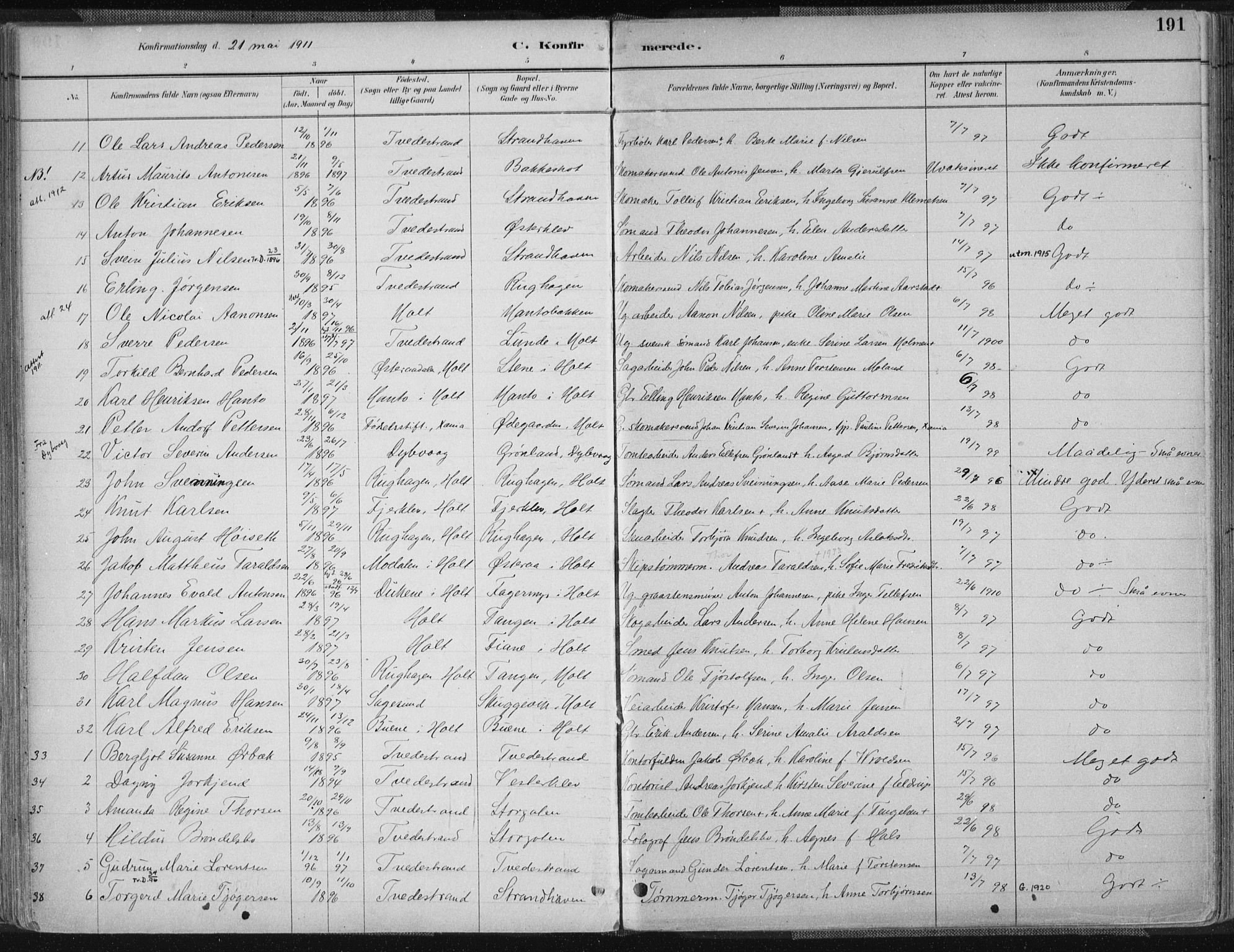 Tvedestrand sokneprestkontor, AV/SAK-1111-0042/F/Fa/L0001: Parish register (official) no. A 1, 1885-1916, p. 191