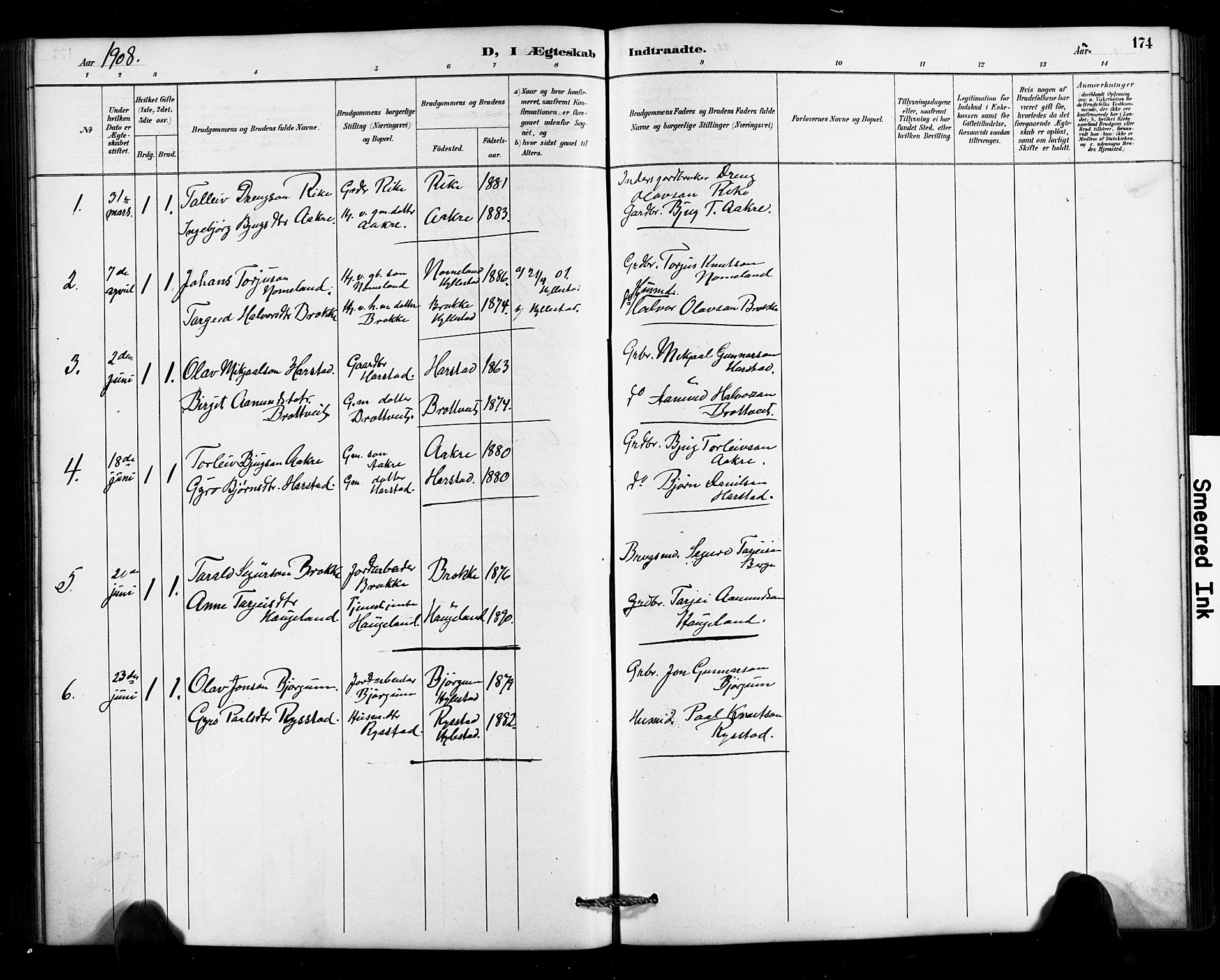 Valle sokneprestkontor, SAK/1111-0044/F/Fb/Fbc/L0004: Parish register (copy) no. B 4, 1890-1928, p. 174
