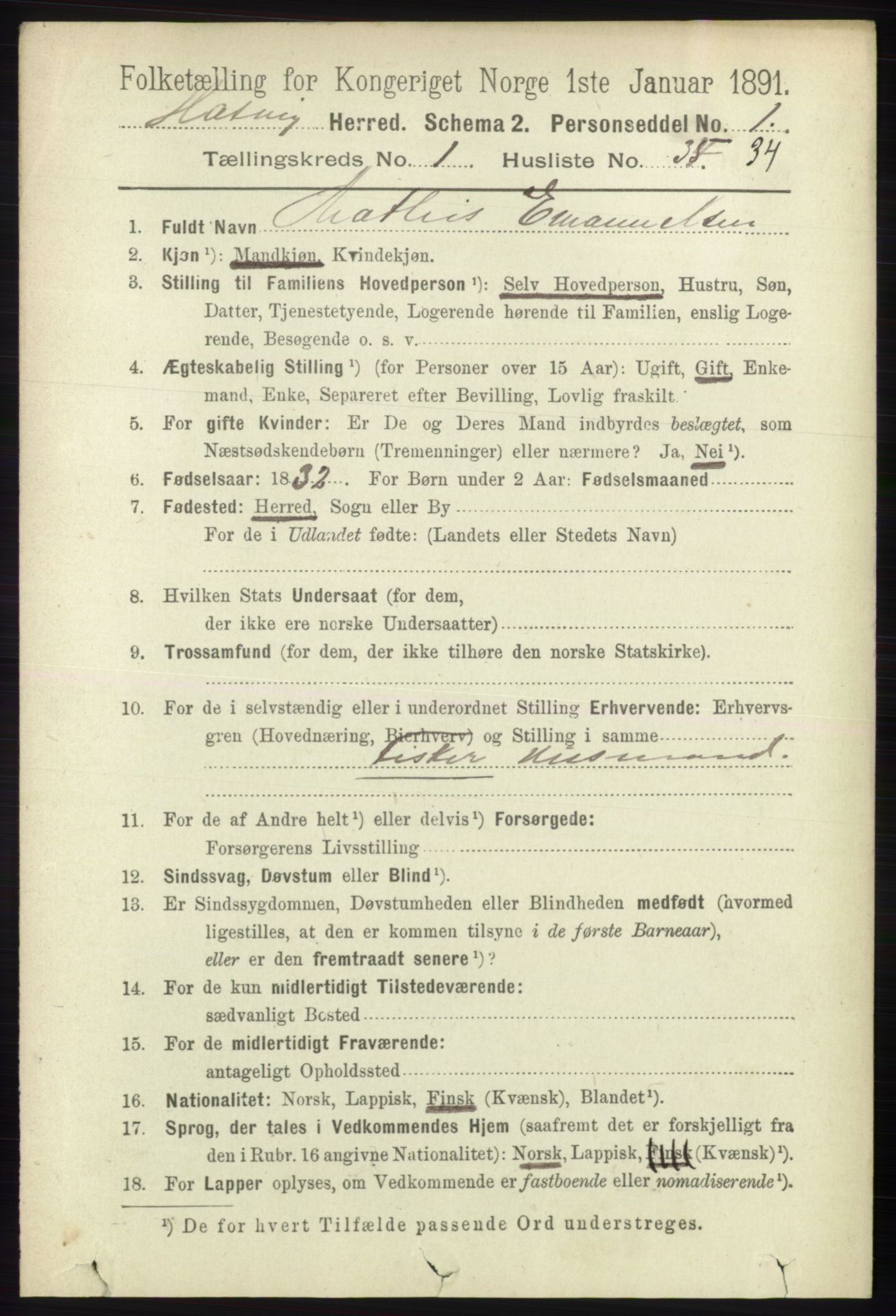 RA, 1891 census for 2015 Hasvik, 1891, p. 257