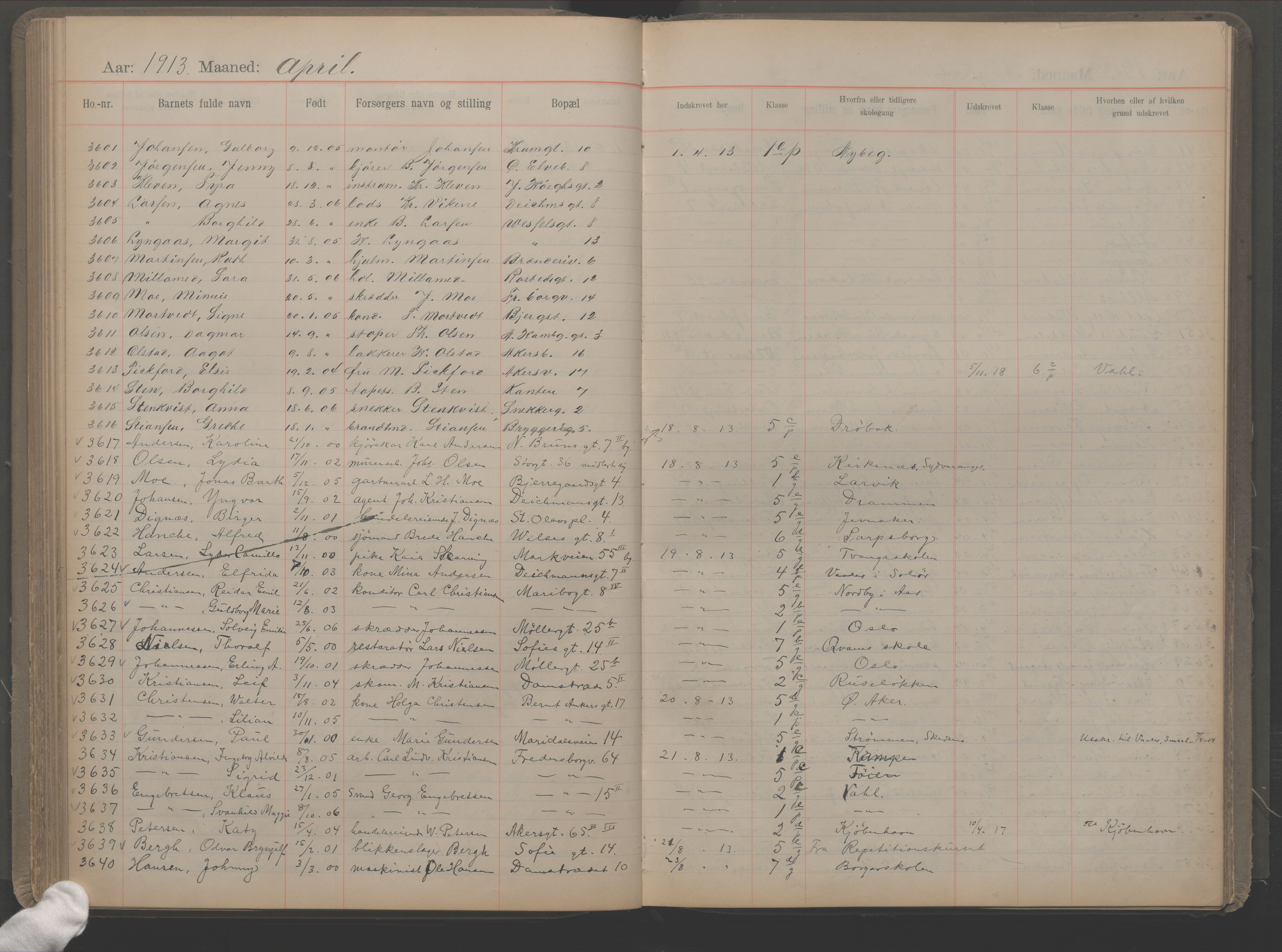 Møllergata skole, OBA/A-20129/F/Fa/L0002: Ut-/innskrivningsprotokoll, 1907-1932, p. 95
