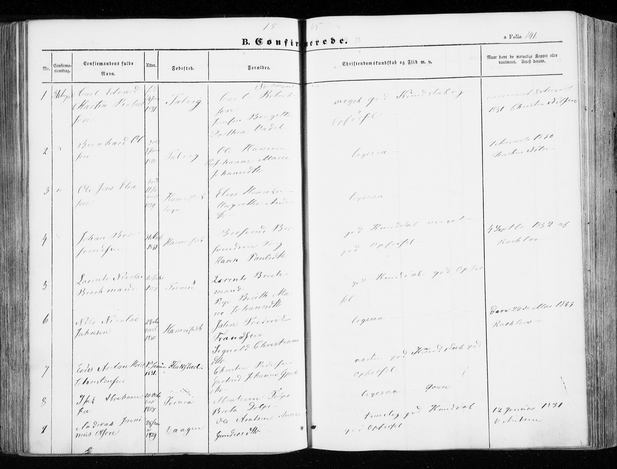Hammerfest sokneprestkontor, SATØ/S-1347/H/Ha/L0004.kirke: Parish register (official) no. 4, 1843-1856, p. 141