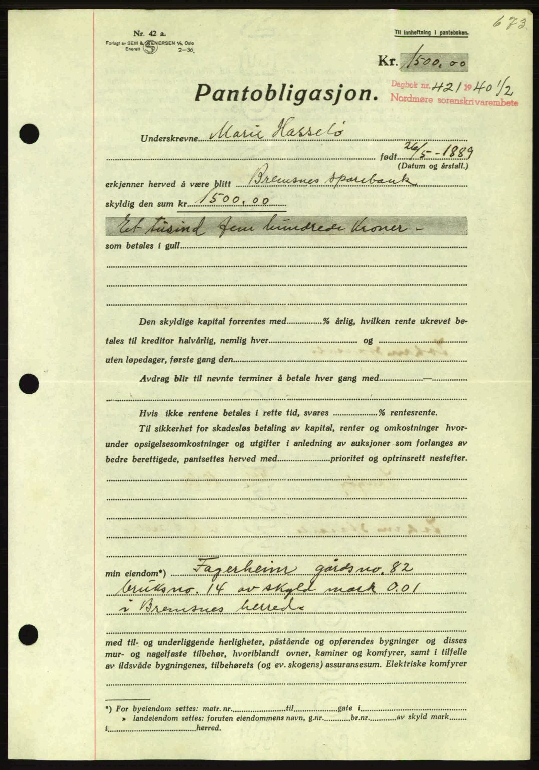 Nordmøre sorenskriveri, AV/SAT-A-4132/1/2/2Ca: Mortgage book no. B86, 1939-1940, Diary no: : 421/1940