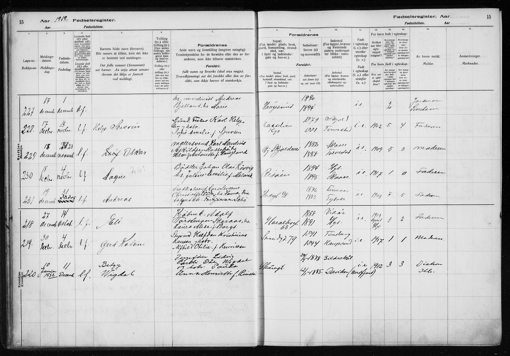 Haugesund sokneprestkontor, AV/SAST-A -101863/I/Id/L0004: Birth register no. 2, 1919-1923, p. 15