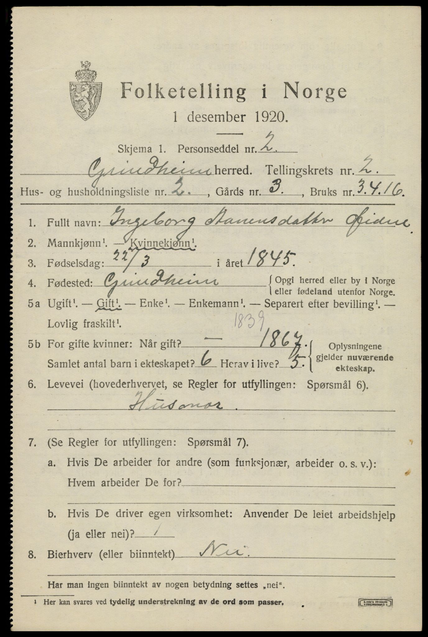 SAK, 1920 census for Grindheim, 1920, p. 569