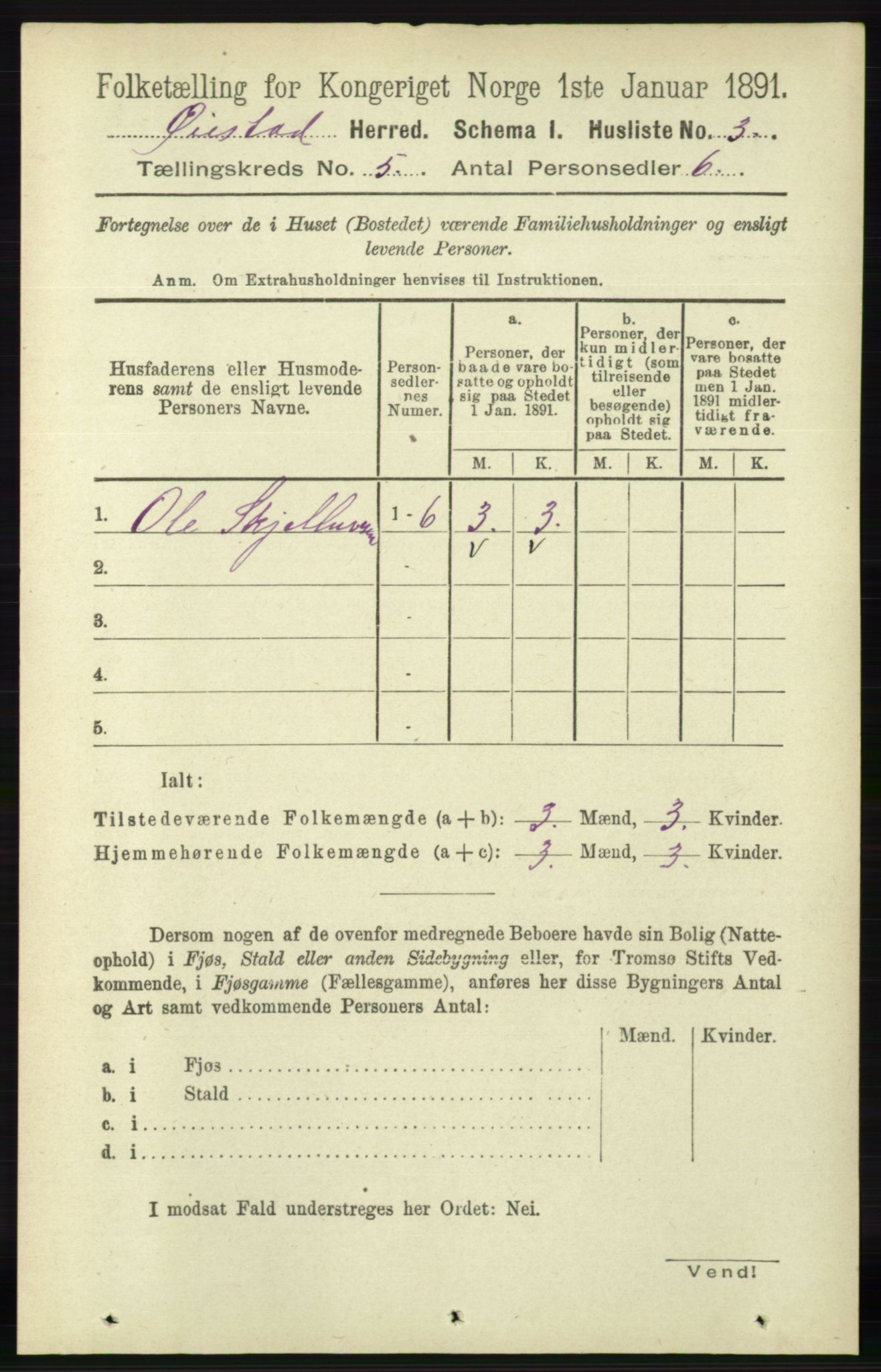 RA, 1891 census for 0920 Øyestad, 1891, p. 1764