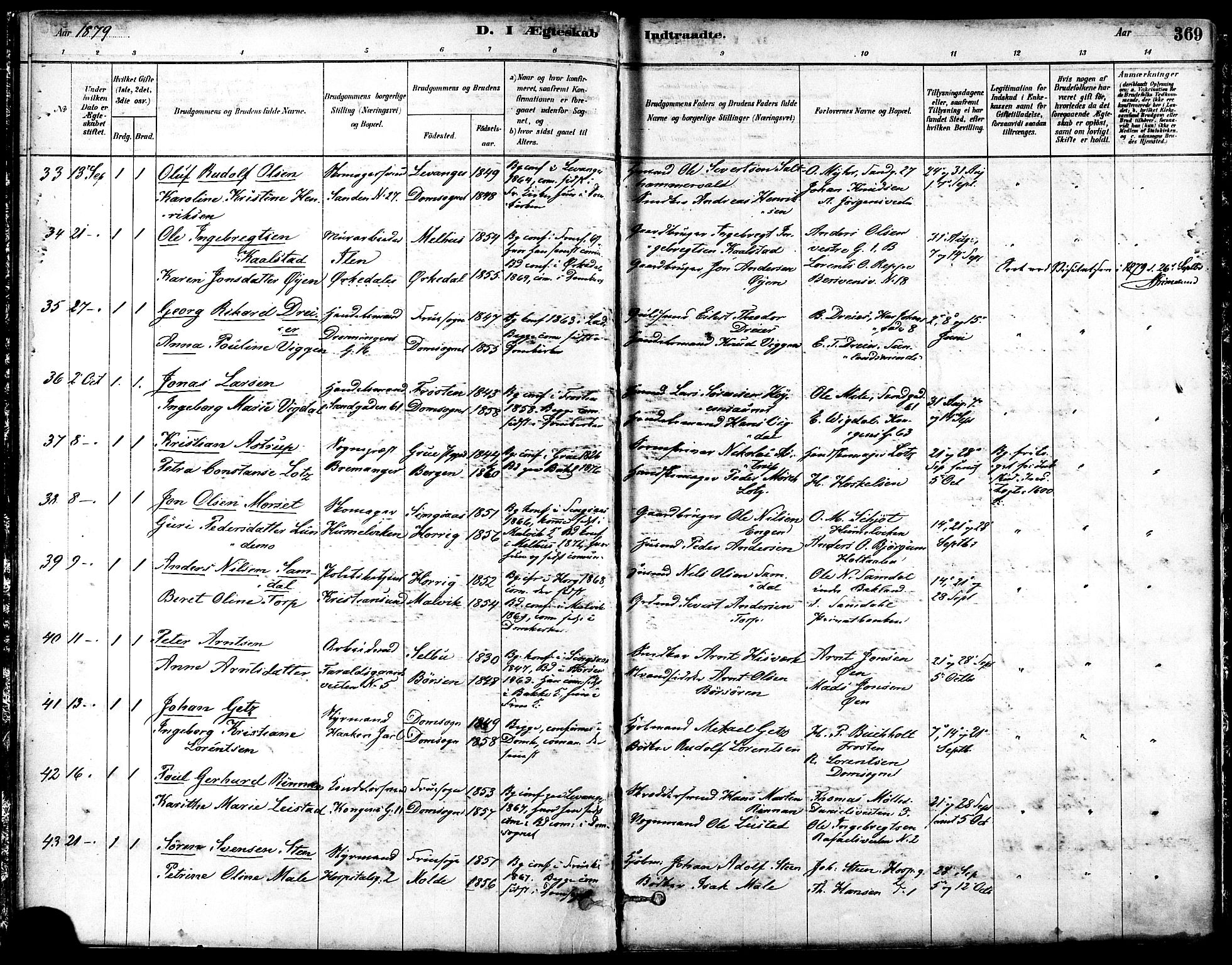 Ministerialprotokoller, klokkerbøker og fødselsregistre - Sør-Trøndelag, SAT/A-1456/601/L0058: Parish register (official) no. 601A26, 1877-1891, p. 369