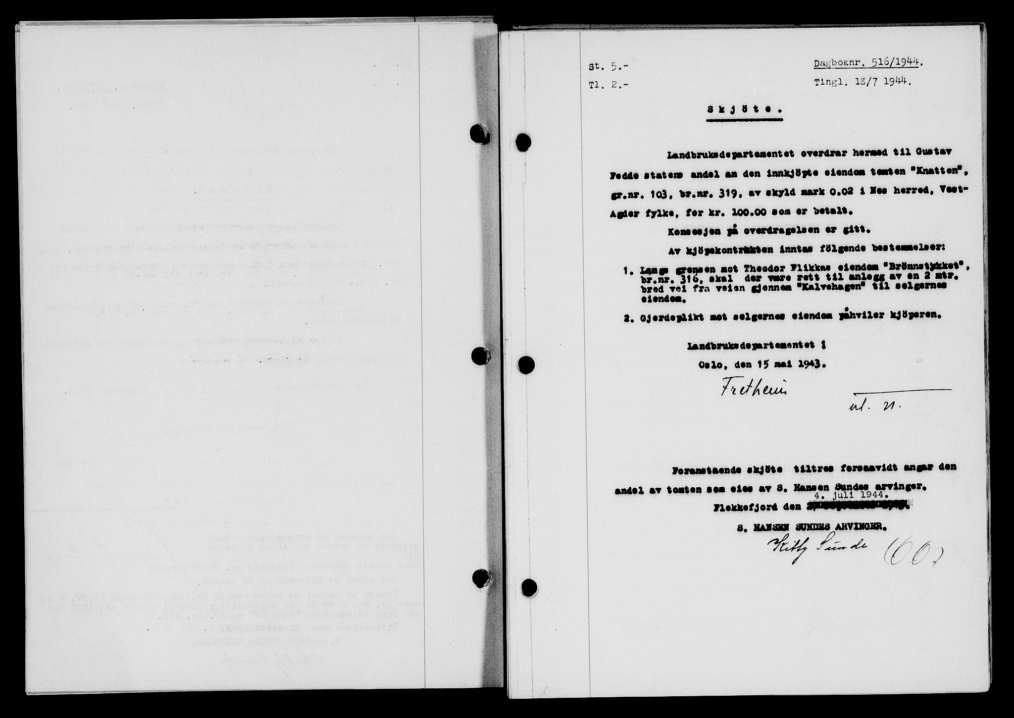 Flekkefjord sorenskriveri, SAK/1221-0001/G/Gb/Gba/L0059: Mortgage book no. A-7, 1944-1945, Diary no: : 516/1944