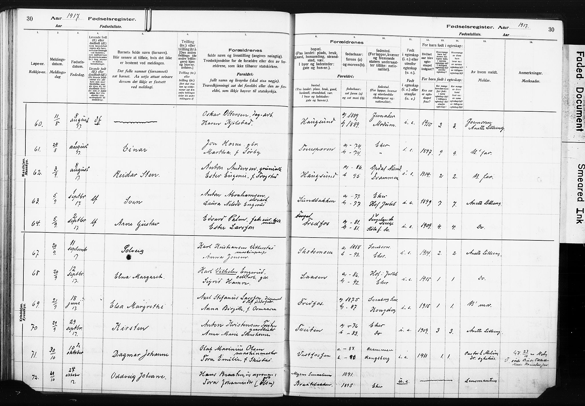 Eiker kirkebøker, AV/SAKO-A-4/J/Ja/L0001: Birth register no. I 1, 1916-1927, p. 30