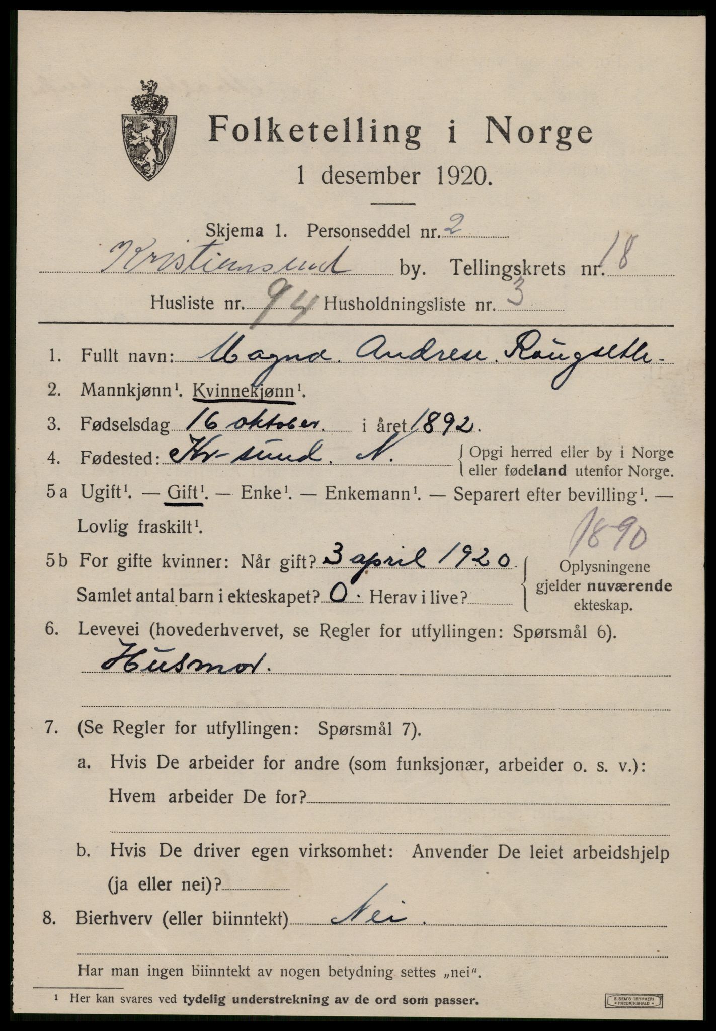 SAT, 1920 census for Kristiansund, 1920, p. 38959