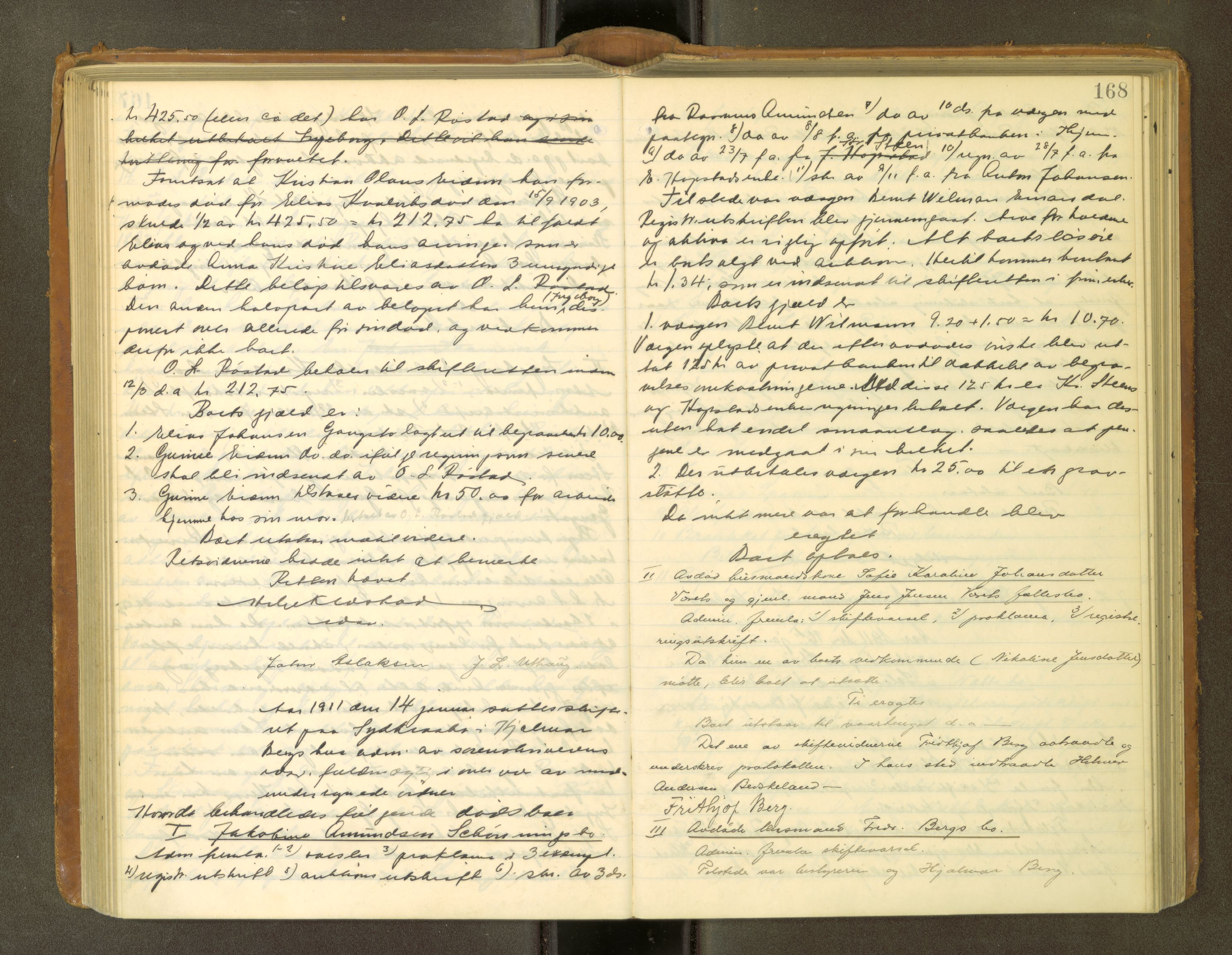 Fosen sorenskriveri, AV/SAT-A-1107/1/3/3B/L0010: Skiftebehandlingsprotokoll, 1909-1913, p. 168