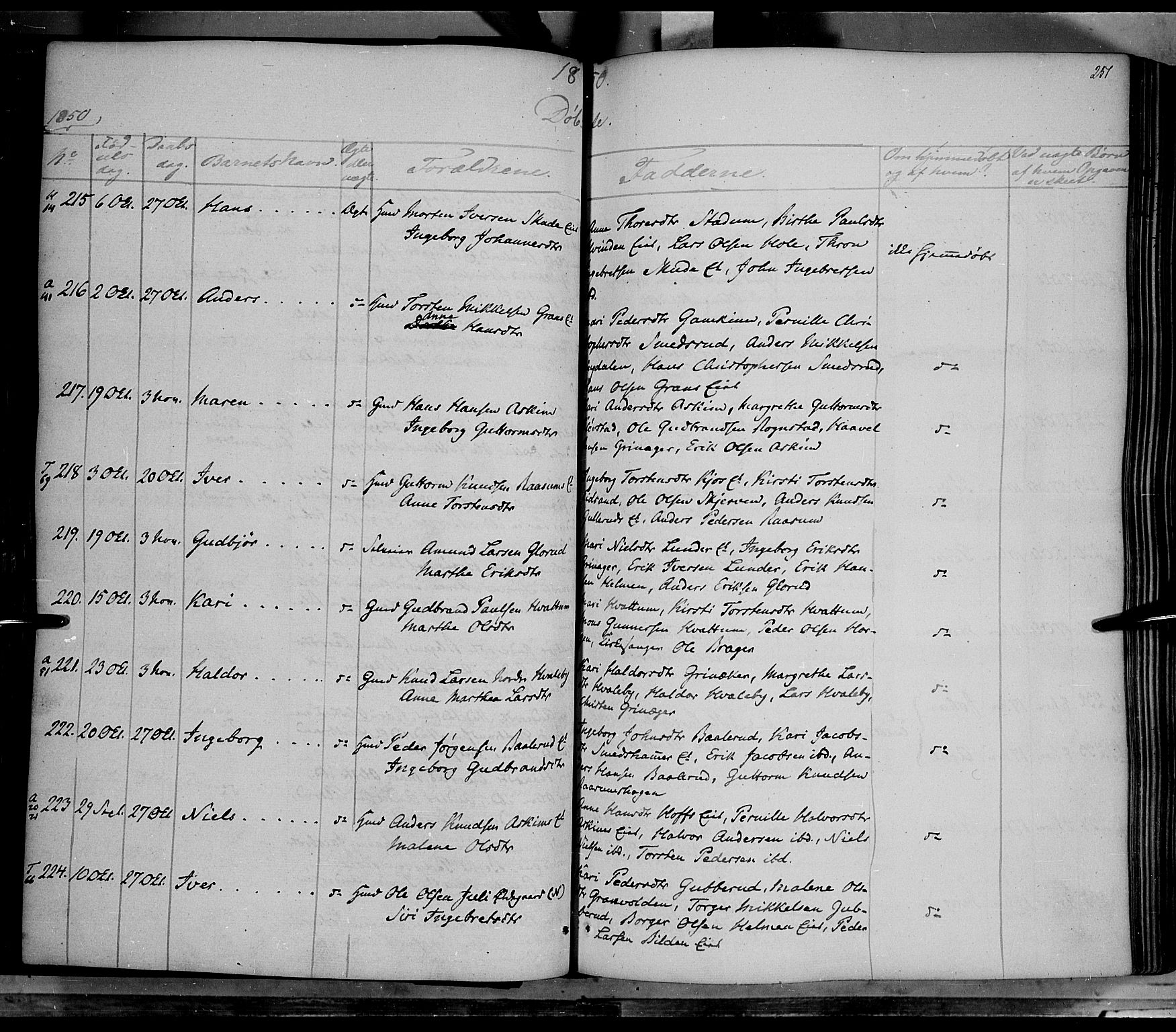 Gran prestekontor, AV/SAH-PREST-112/H/Ha/Haa/L0011: Parish register (official) no. 11, 1842-1856, p. 250-251