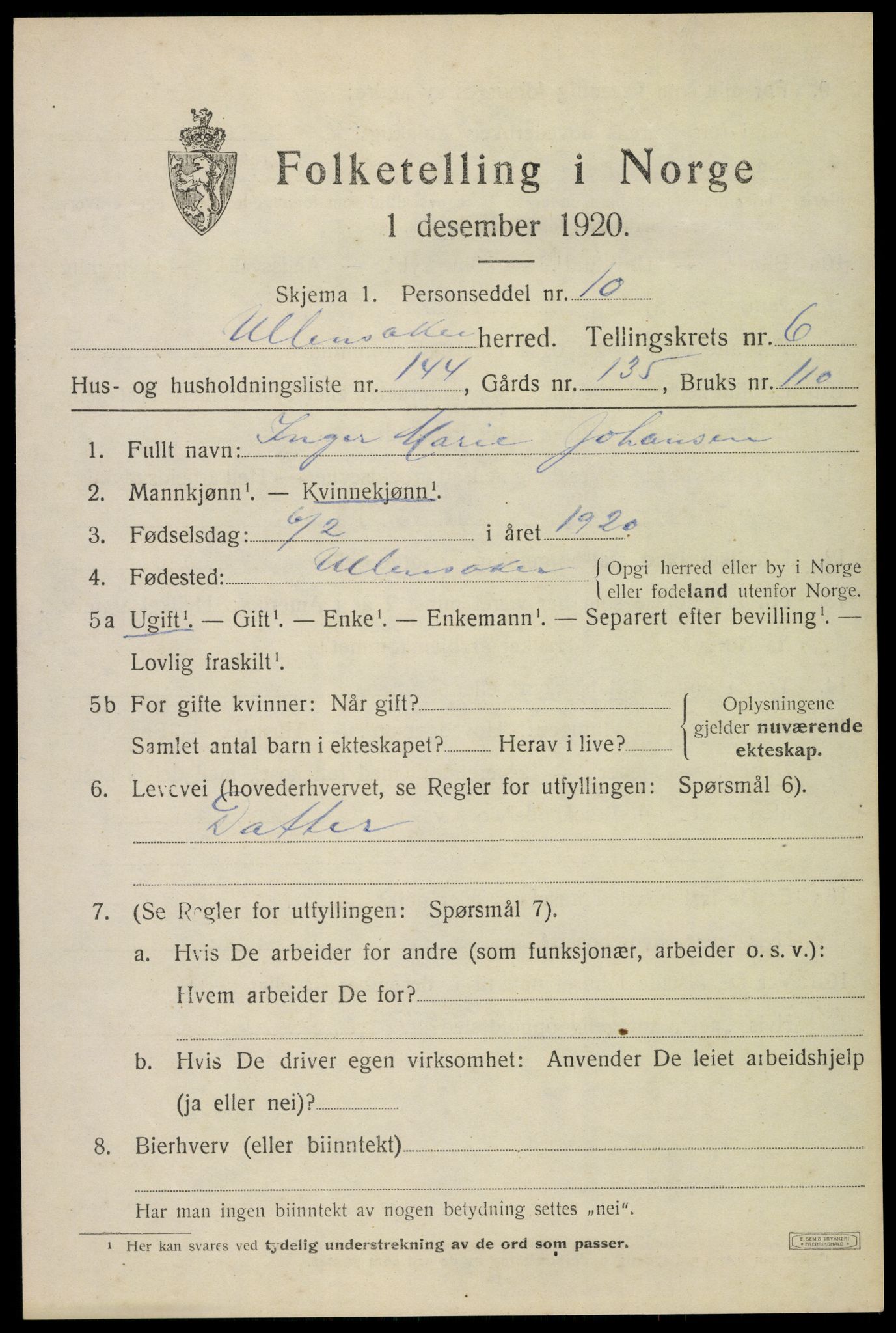 SAO, 1920 census for Ullensaker, 1920, p. 12309
