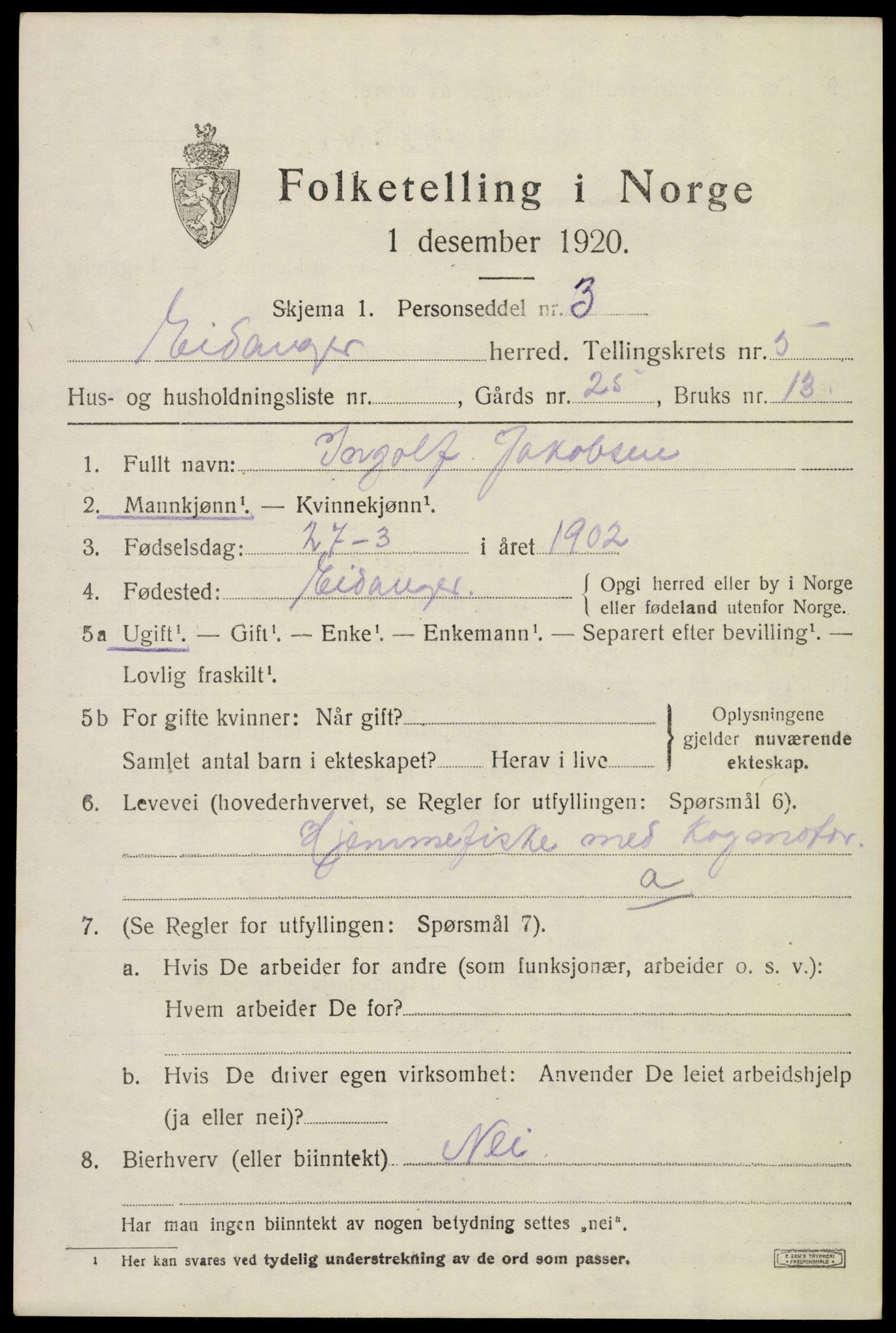 SAKO, 1920 census for Eidanger, 1920, p. 5038