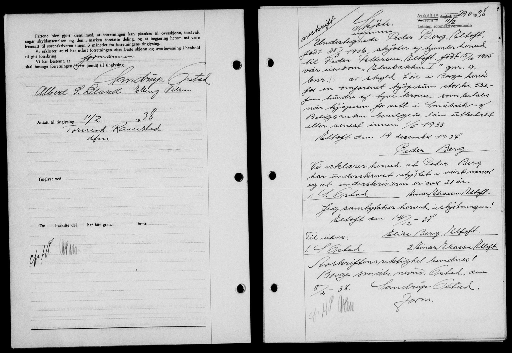 Lofoten sorenskriveri, SAT/A-0017/1/2/2C/L0003a: Mortgage book no. 3a, 1937-1938, Diary no: : 290/1938