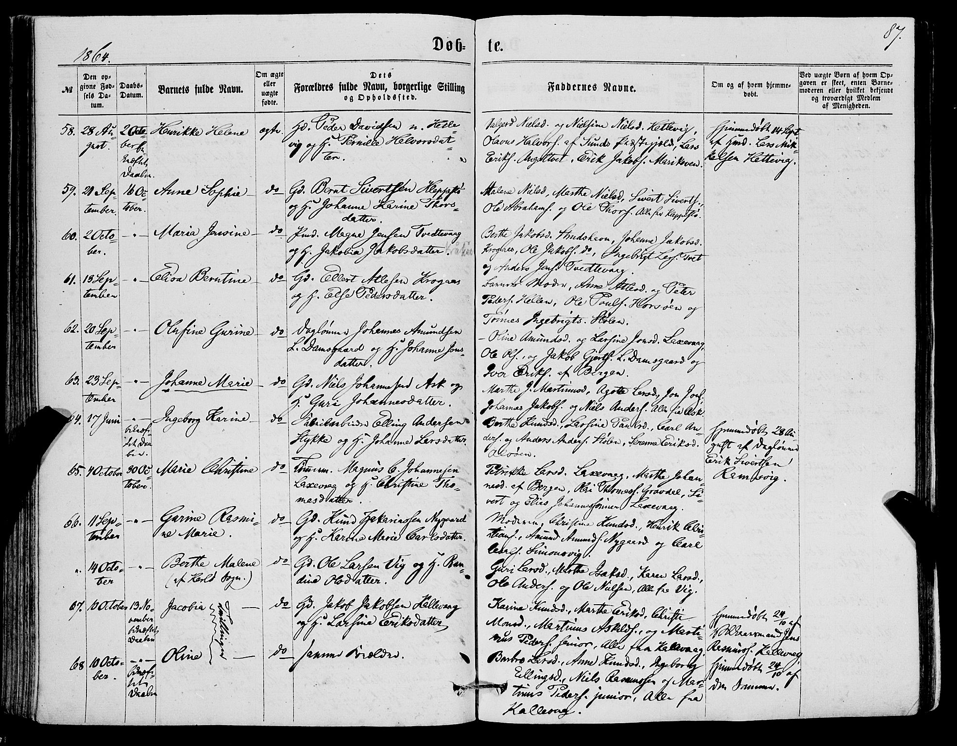 Askøy Sokneprestembete, AV/SAB-A-74101/H/Ha/Haa/Haaa/L0009: Parish register (official) no. A 9, 1863-1877, p. 87