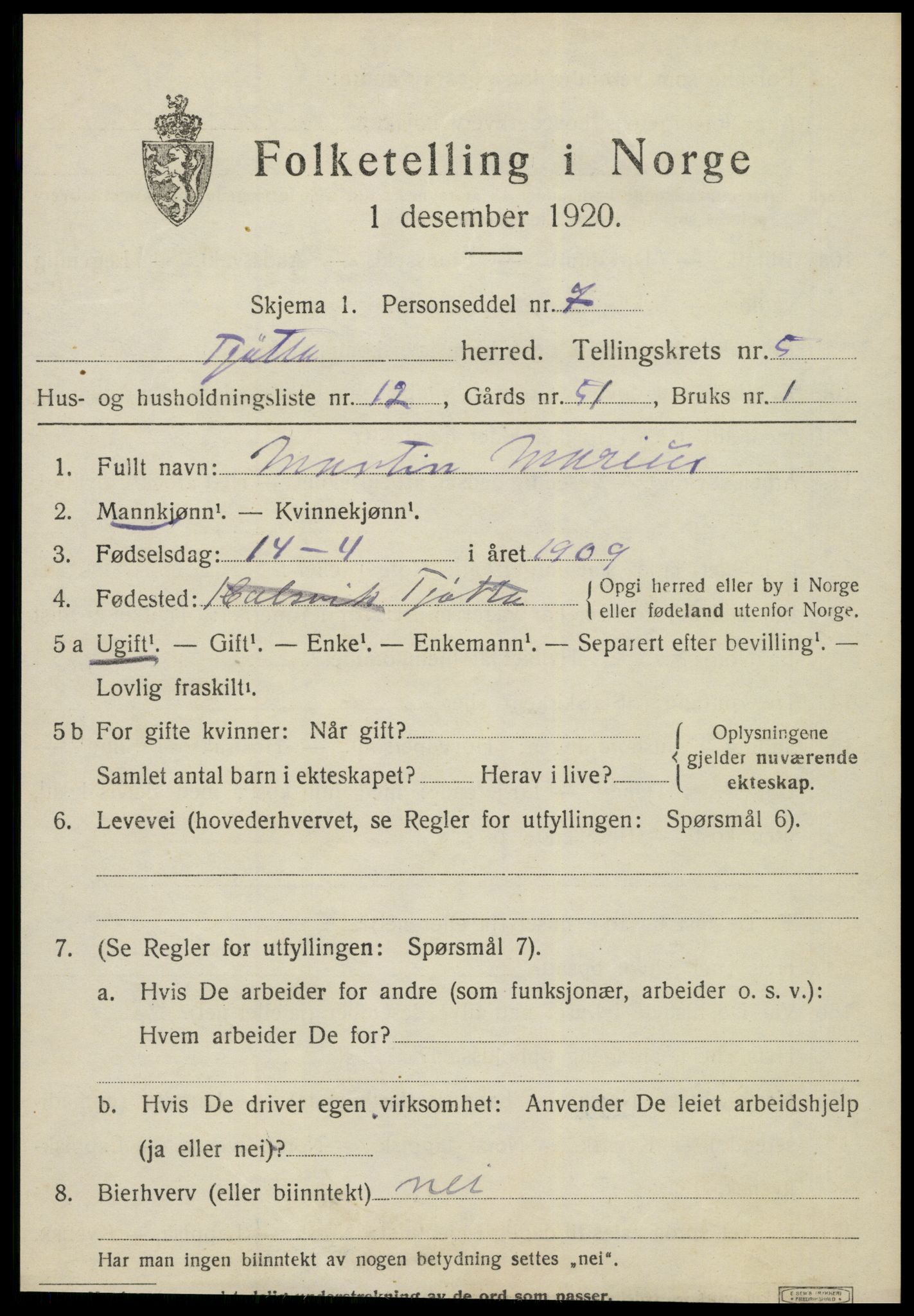 SAT, 1920 census for Tjøtta, 1920, p. 2149