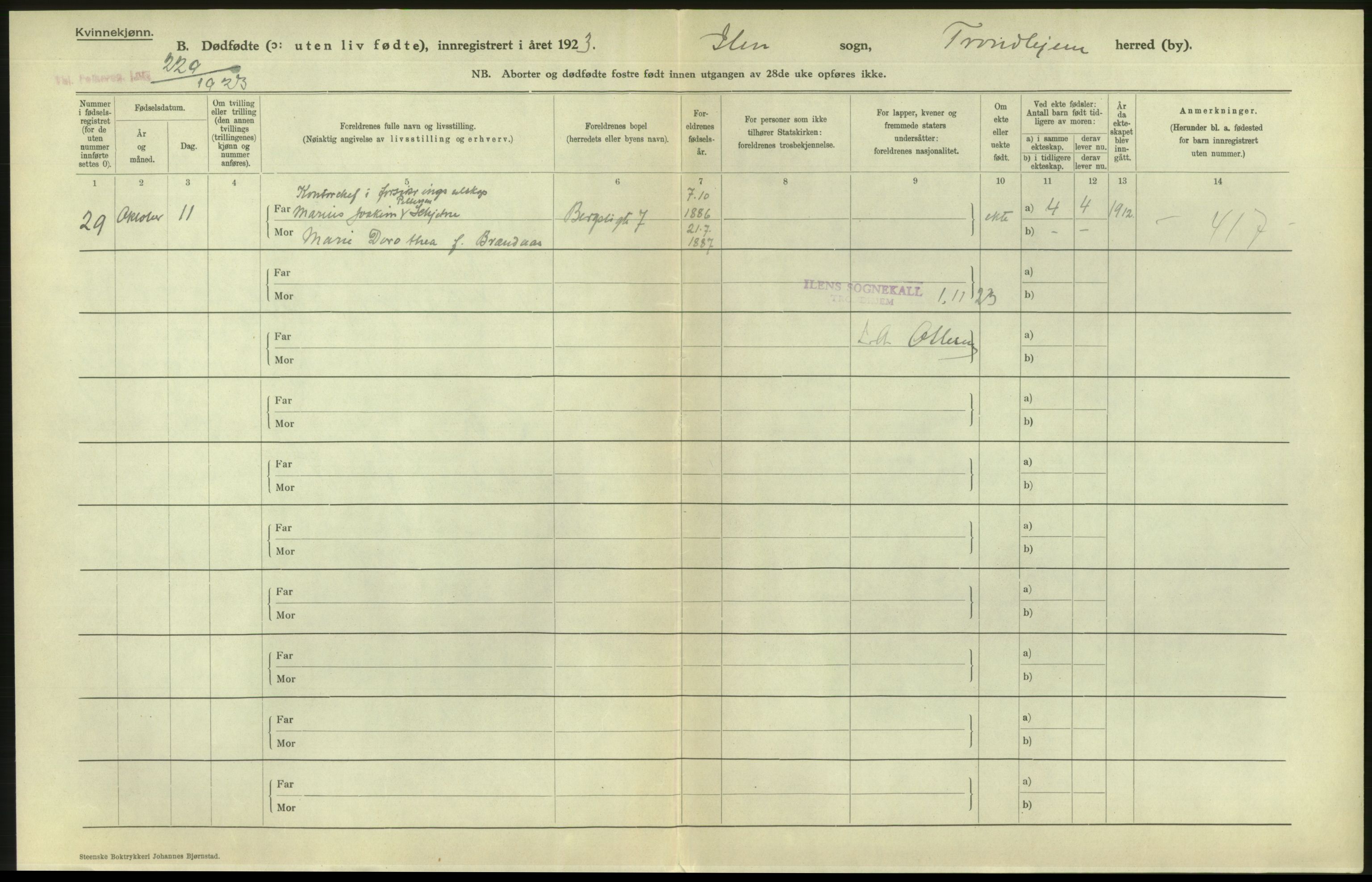 Statistisk sentralbyrå, Sosiodemografiske emner, Befolkning, AV/RA-S-2228/D/Df/Dfc/Dfcc/L0038: Trondheim: Levendefødte menn og kvinner, gifte, døde, dødfødte., 1923, p. 900