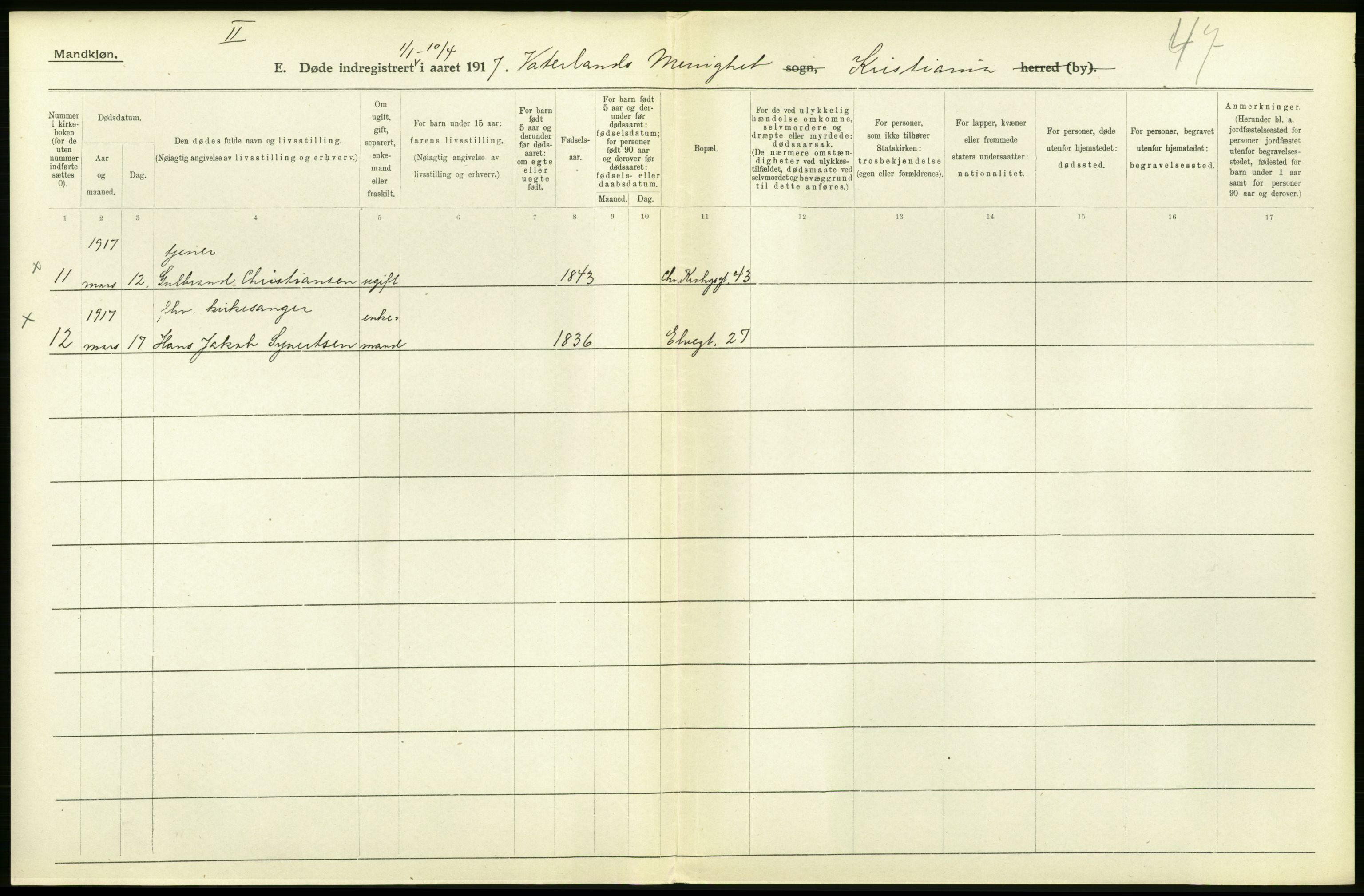 Statistisk sentralbyrå, Sosiodemografiske emner, Befolkning, RA/S-2228/D/Df/Dfb/Dfbg/L0011: Kristiania: Døde, dødfødte., 1917, p. 102