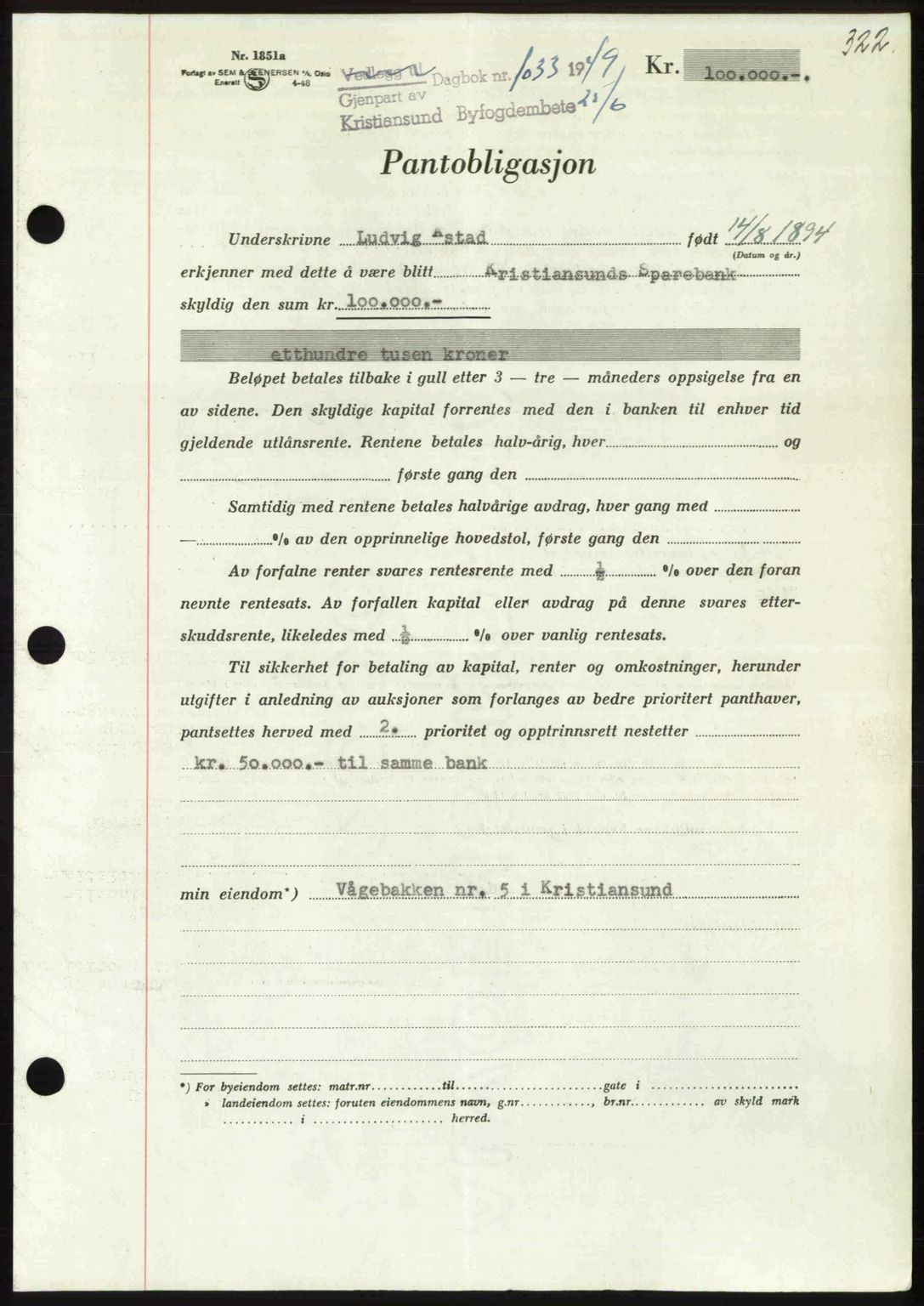 Kristiansund byfogd, AV/SAT-A-4587/A/27: Mortgage book no. 45, 1948-1949, Diary no: : 1033/1949