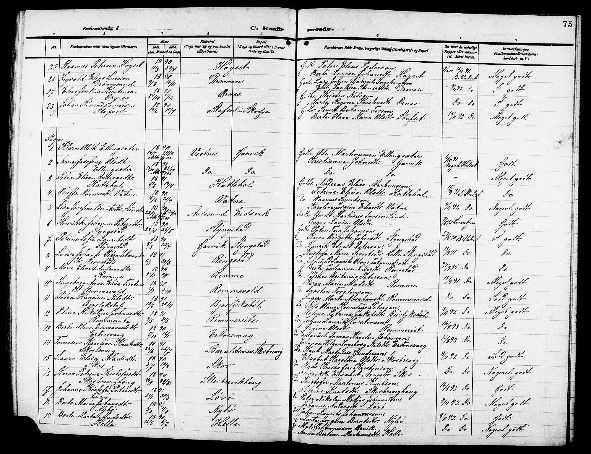 Ministerialprotokoller, klokkerbøker og fødselsregistre - Møre og Romsdal, AV/SAT-A-1454/525/L0377: Parish register (copy) no. 525C03, 1903-1917, p. 75