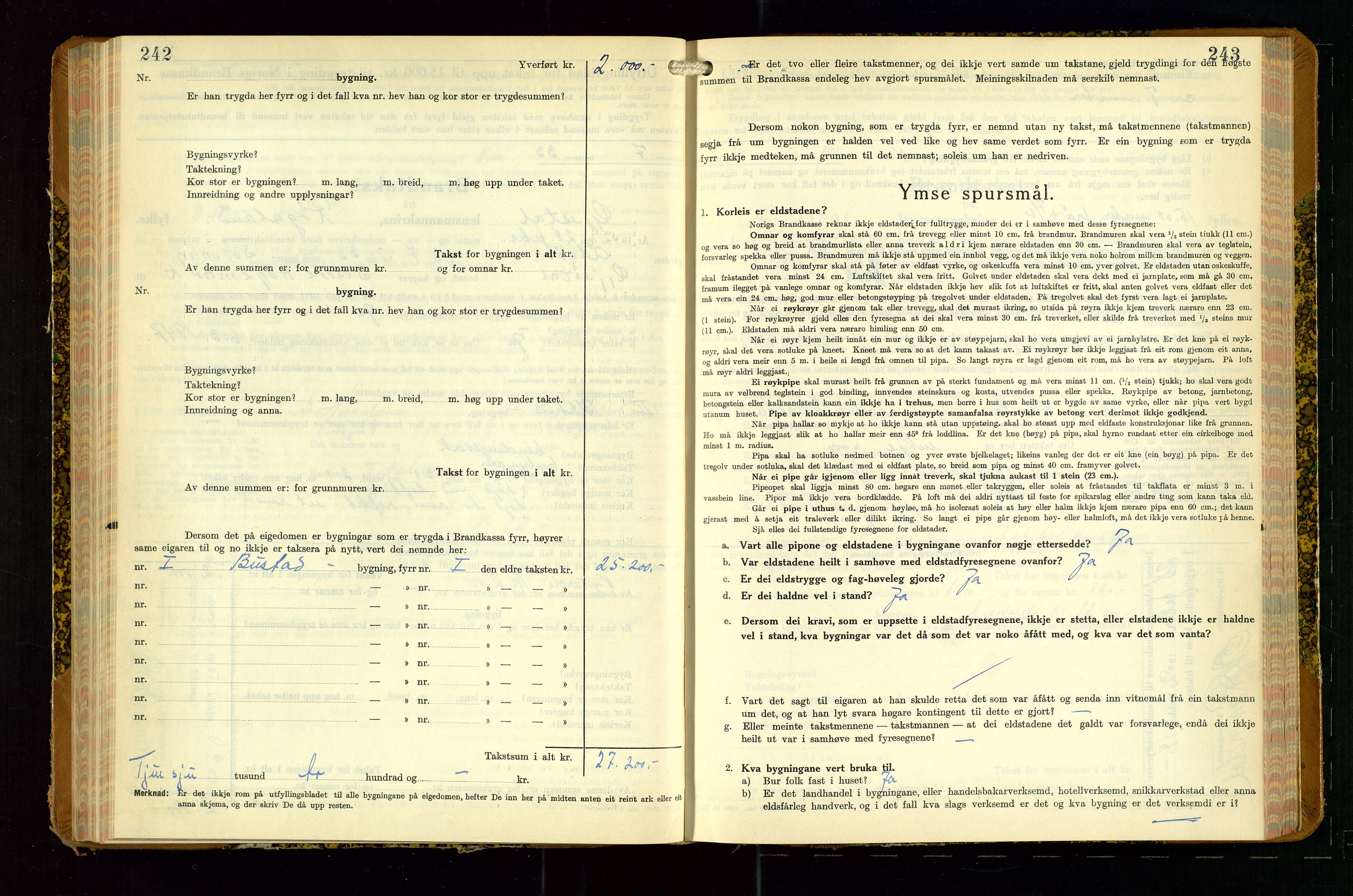 Gjesdal lensmannskontor, SAST/A-100441/Go/L0008: Branntakstskjemaprotokoll, 1937-1955, p. 242-243