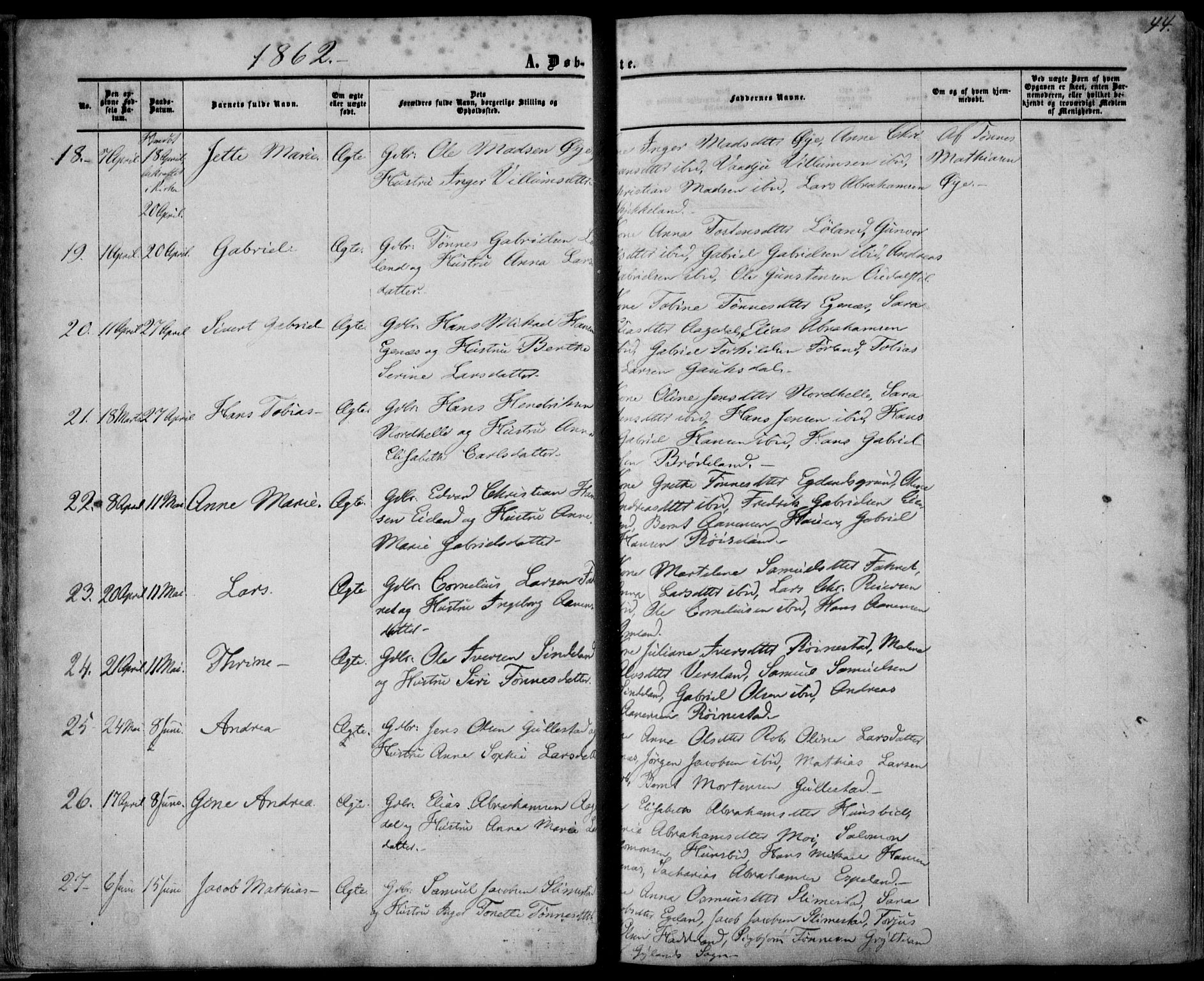 Kvinesdal sokneprestkontor, SAK/1111-0026/F/Fa/Fab/L0006: Parish register (official) no. A 6, 1857-1869, p. 44