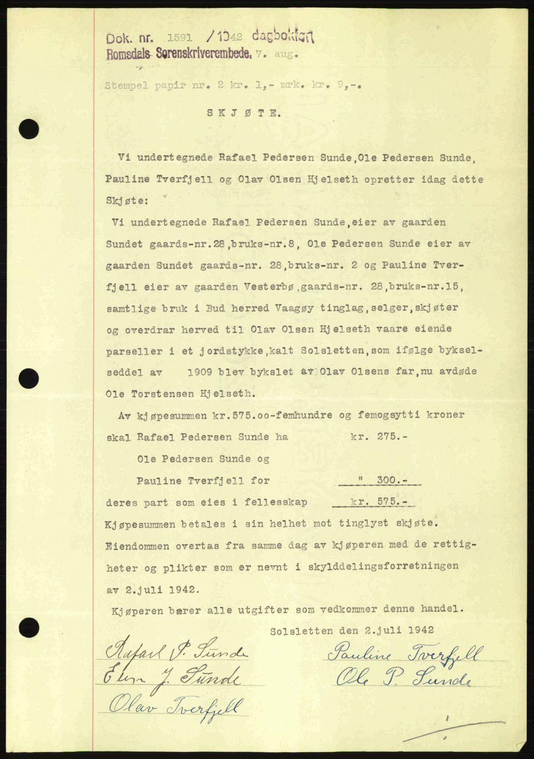 Romsdal sorenskriveri, AV/SAT-A-4149/1/2/2C: Mortgage book no. A12, 1942-1942, Diary no: : 1591/1942