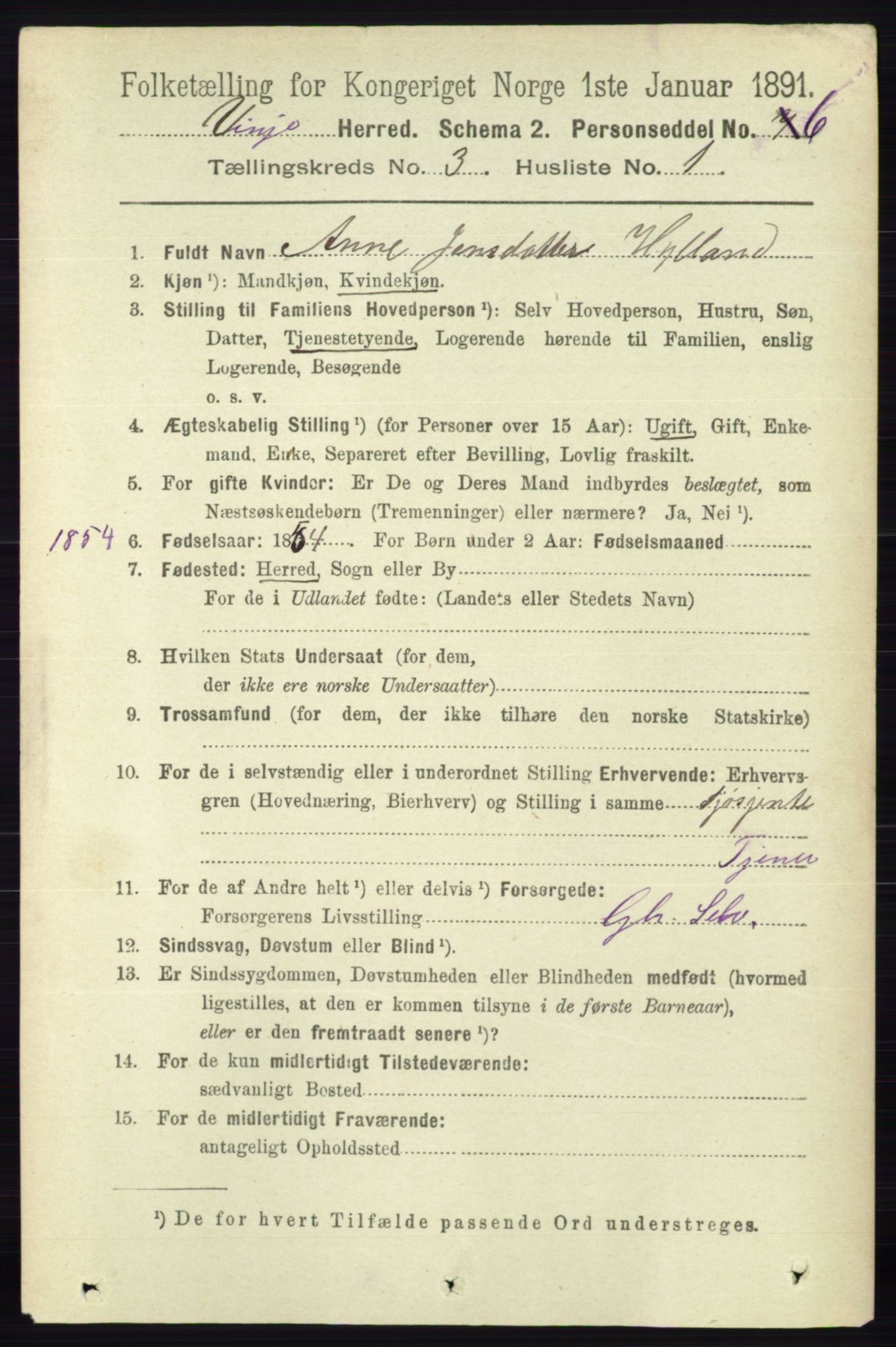 RA, 1891 census for 0834 Vinje, 1891, p. 649