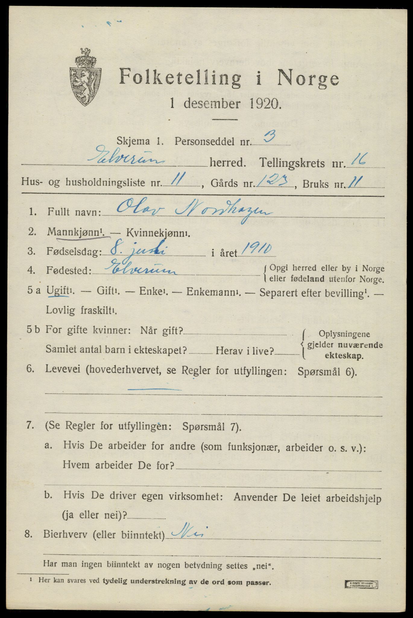 SAH, 1920 census for Elverum, 1920, p. 20912