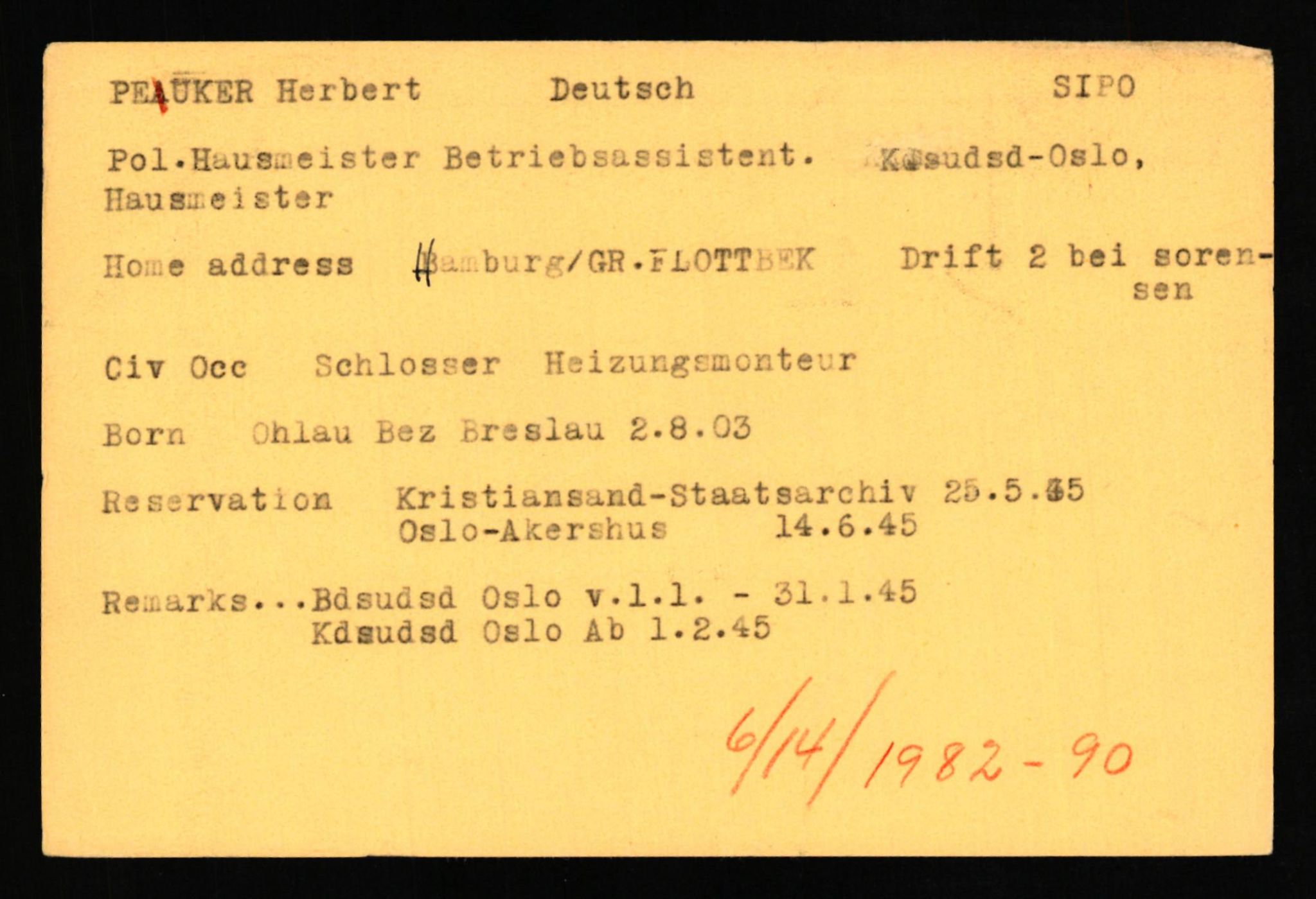 Forsvaret, Forsvarets overkommando II, AV/RA-RAFA-3915/D/Db/L0026: CI Questionaires. Tyske okkupasjonsstyrker i Norge. Tyskere., 1945-1946, p. 2