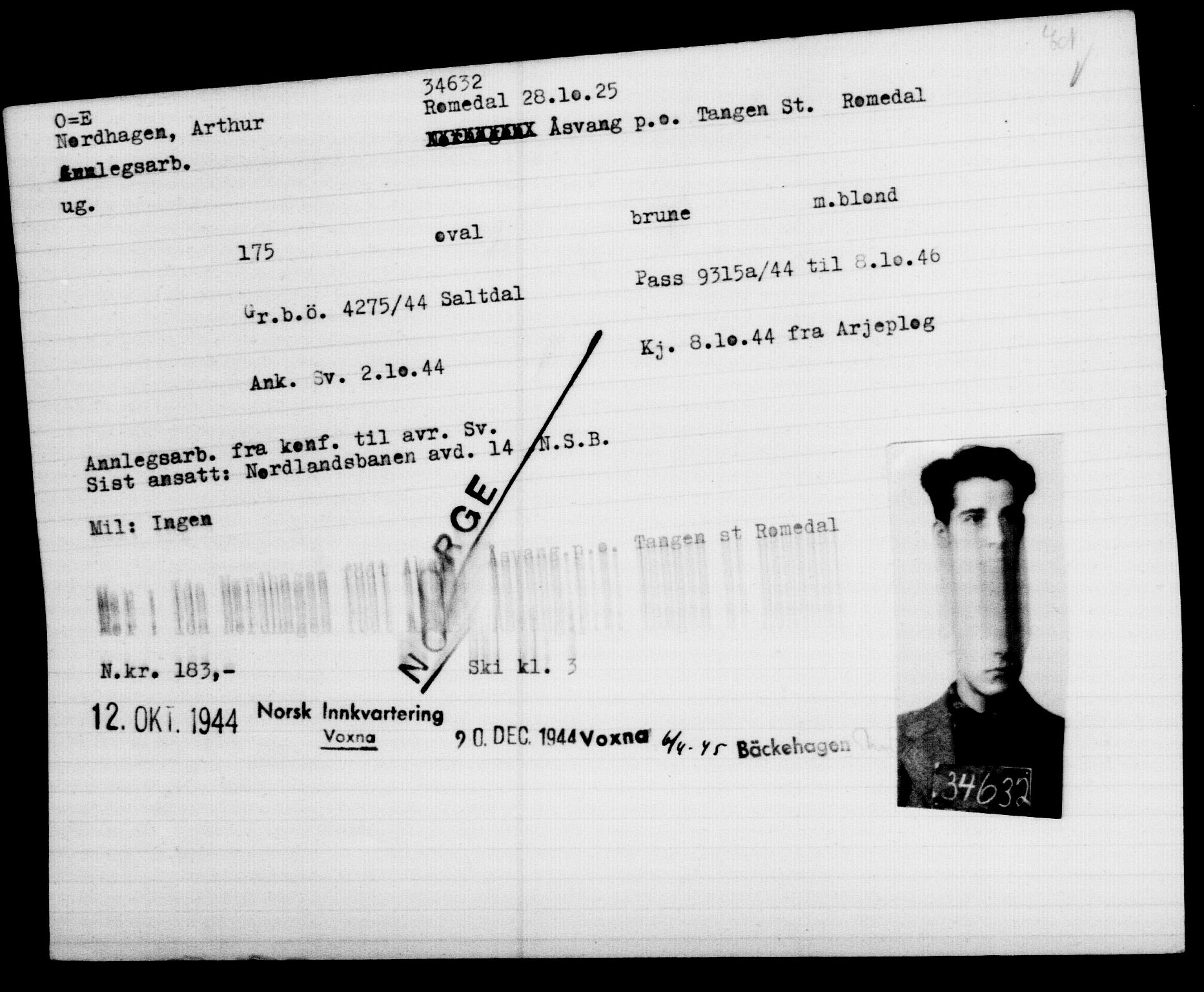 Utenriksstasjonene, Legasjonen i Stockholm, Flyktningkontoret, AV/RA-S-6753/V/Va/L0013: Kjesäterkartoteket, flyktninger med registreringsnr. 31500-34731, 1940-1945, p. 3298