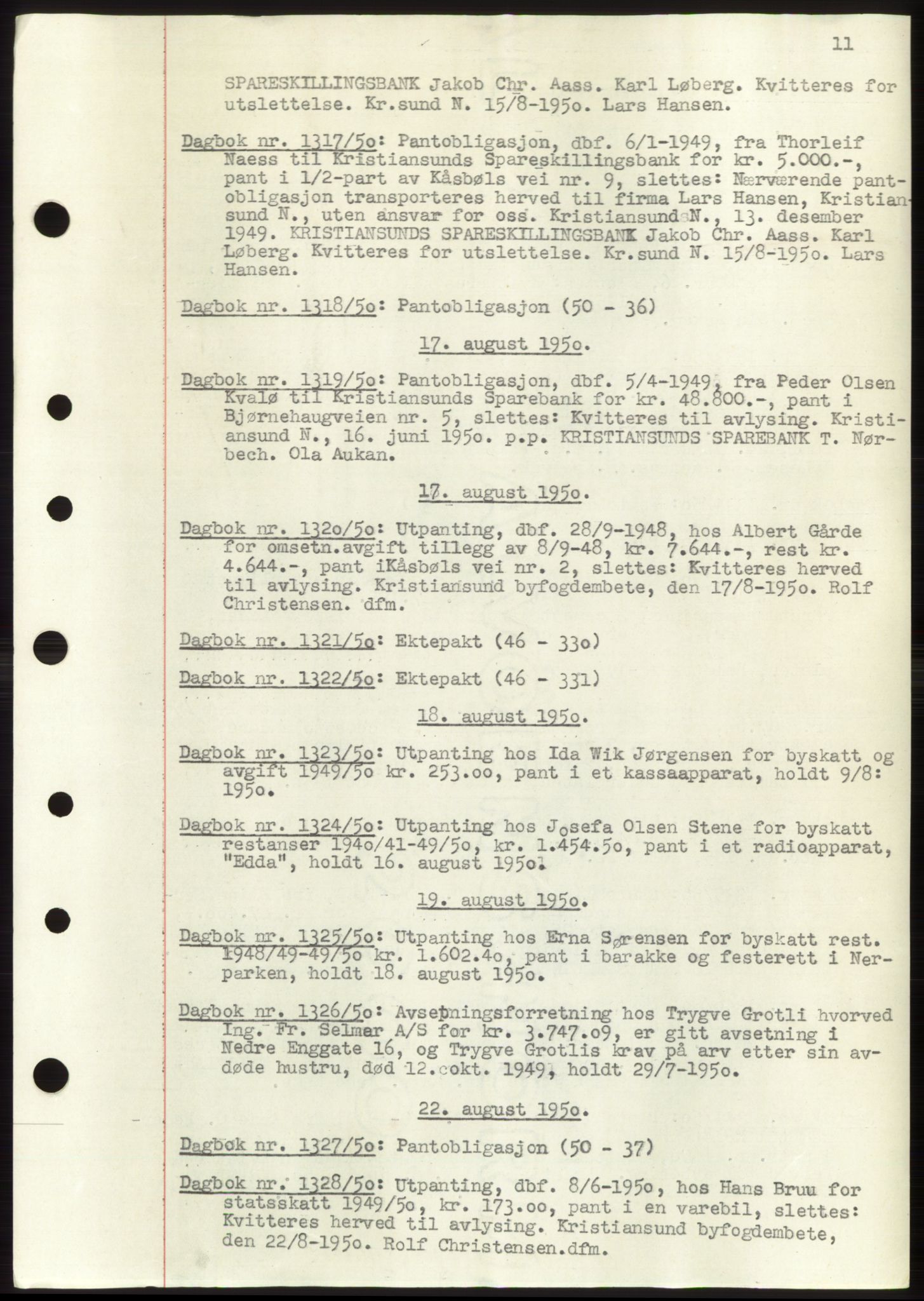 Kristiansund byfogd, AV/SAT-A-4587/A/27: Mortgage book no. 49, 1950-1950, Deed date: 17.08.1950