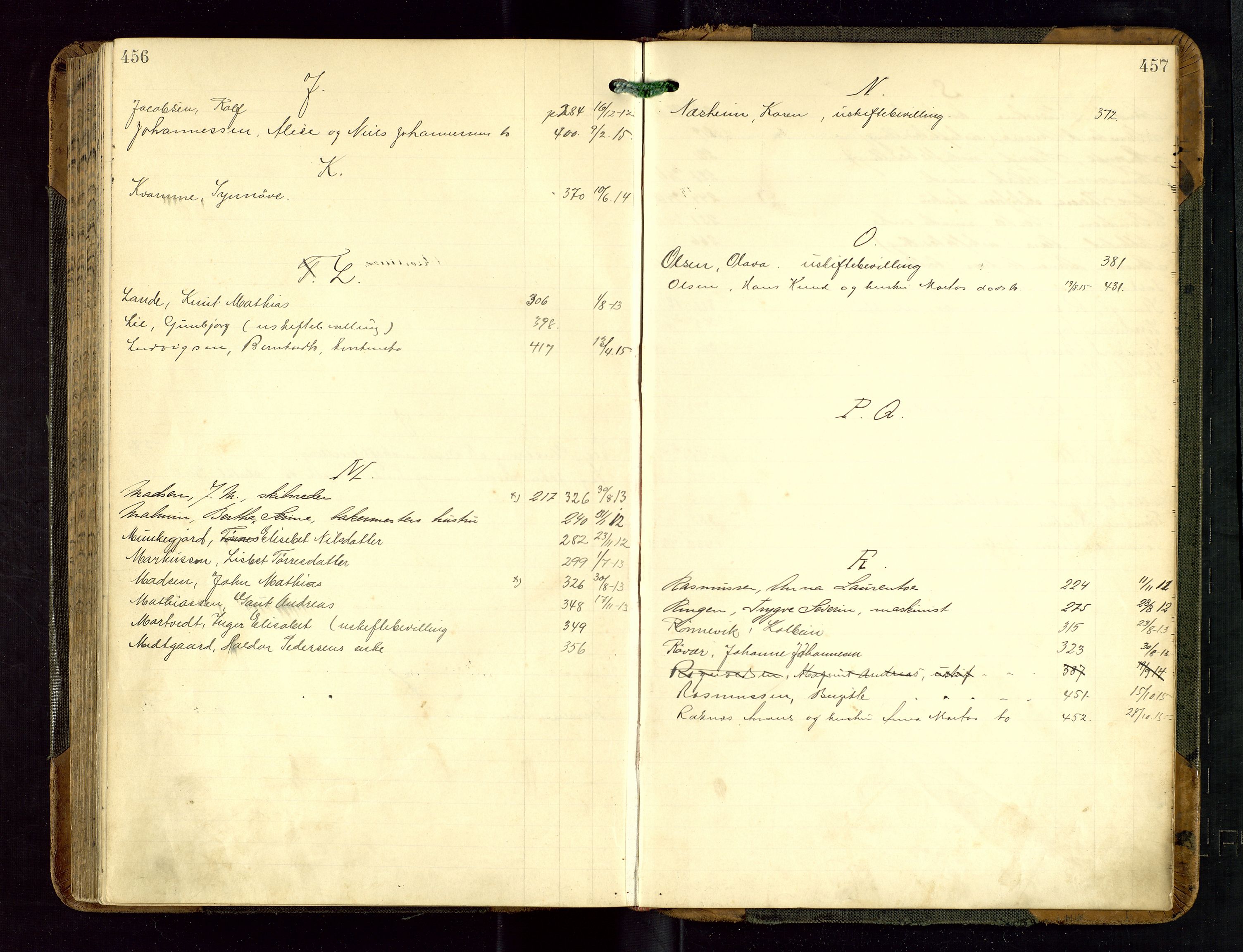 Haugesund tingrett, AV/SAST-A-101415/01/IV/IVD/L0002: Skifteutlodningsprotokoll, med register, 1904-1915, p. 456-457