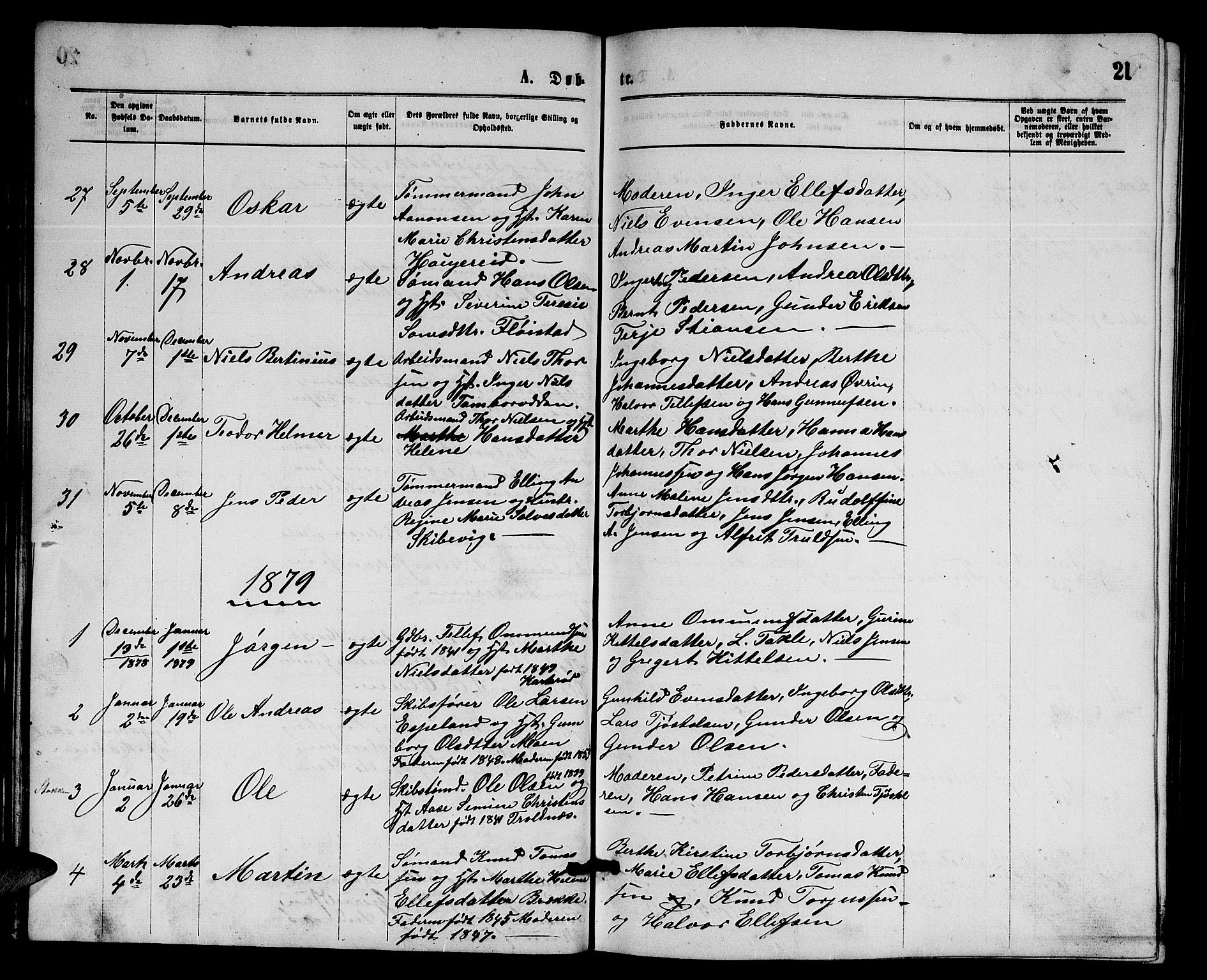 Austre Moland sokneprestkontor, AV/SAK-1111-0001/F/Fb/Fba/L0002: Parish register (copy) no. B 2, 1869-1879, p. 21