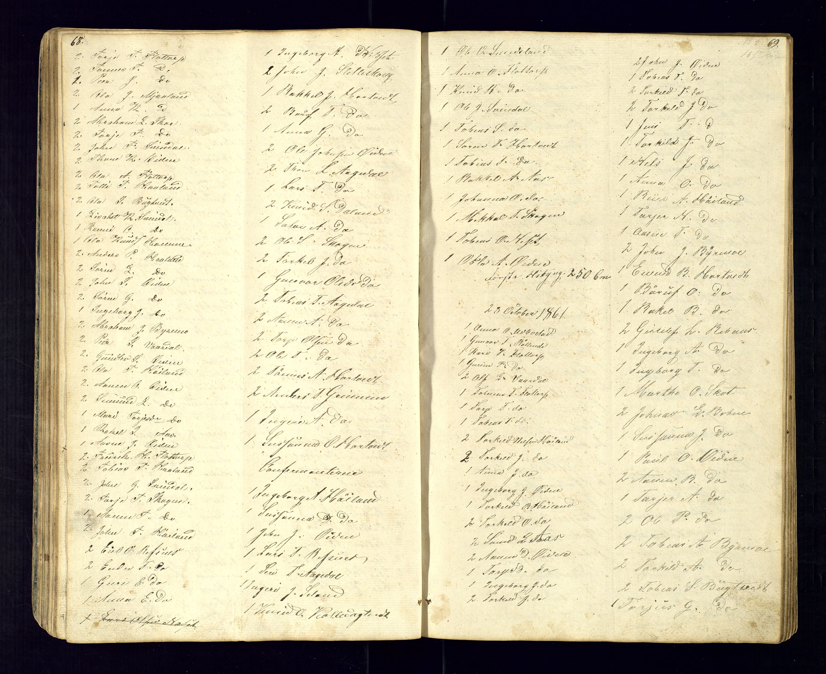 Bjelland sokneprestkontor, SAK/1111-0005/F/Fc/Fcc/L0003: Communicants register no. C-3, 1853-1883, p. 68-69