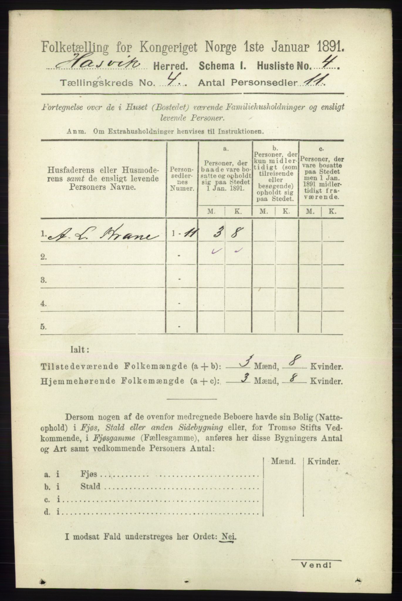 RA, 1891 census for 2015 Hasvik, 1891, p. 469