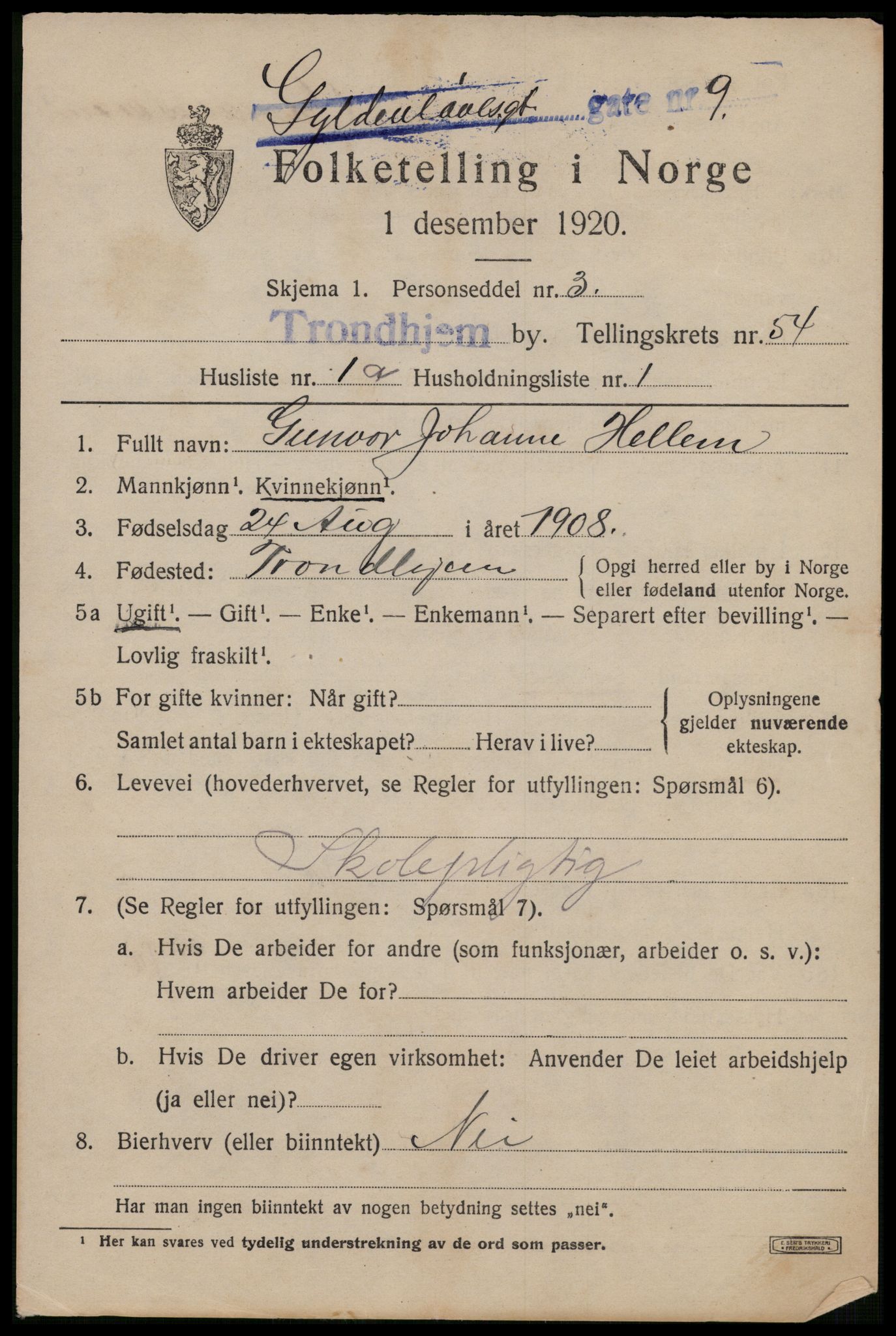 SAT, 1920 census for Trondheim, 1920, p. 109520