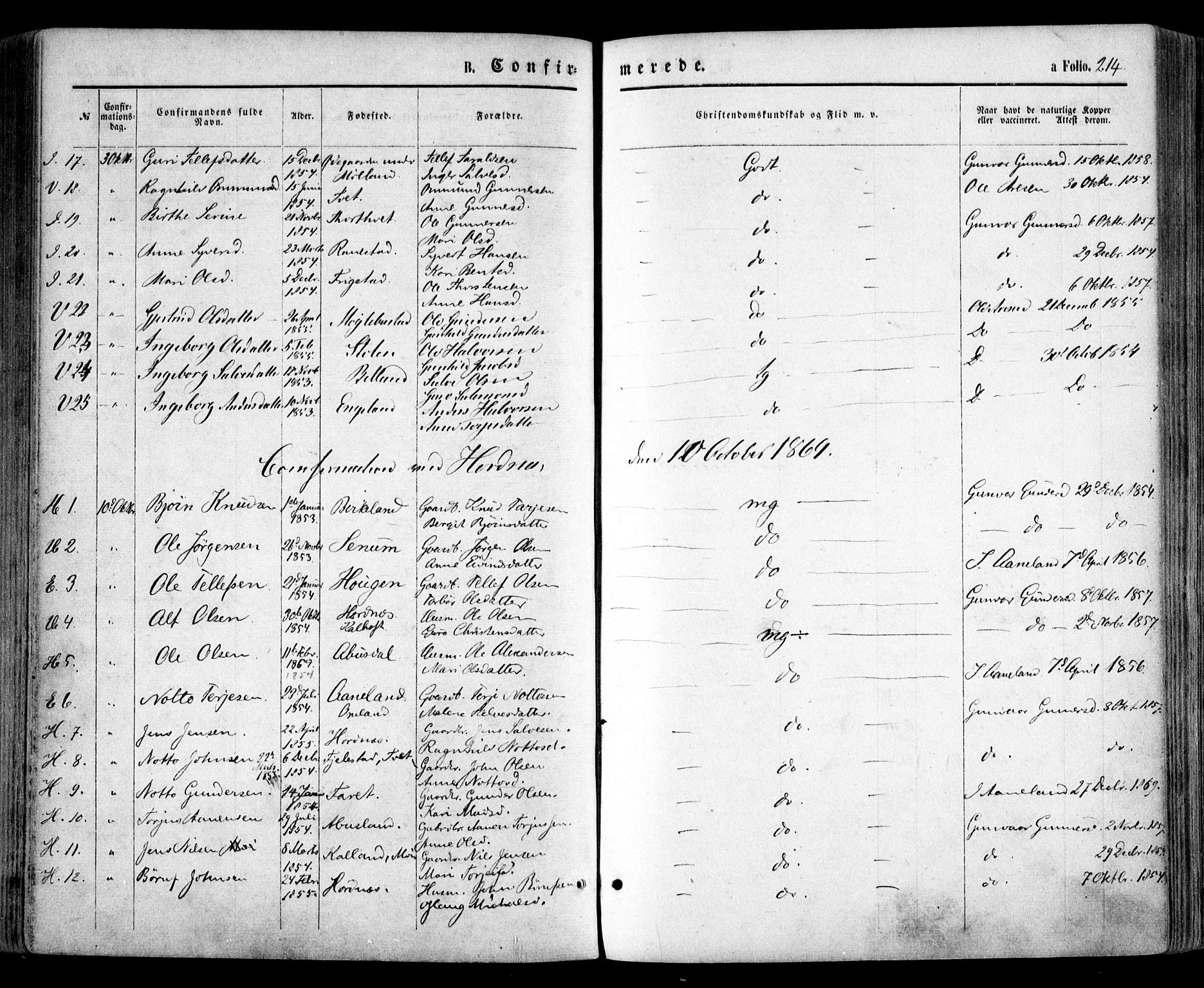 Evje sokneprestkontor, AV/SAK-1111-0008/F/Fa/Faa/L0006: Parish register (official) no. A 6, 1866-1884, p. 214