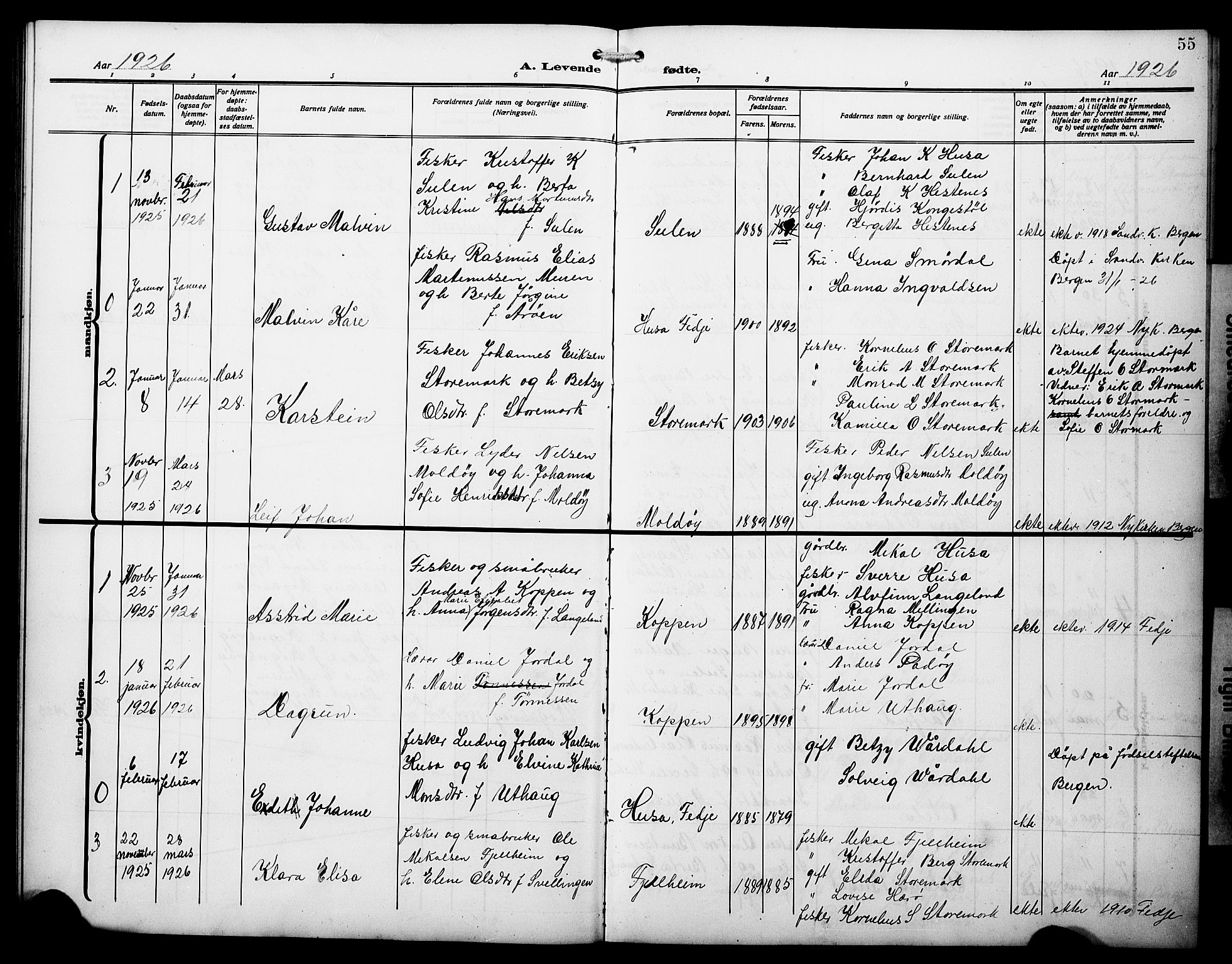 Lindås Sokneprestembete, AV/SAB-A-76701/H/Hab/Habd/L0004: Parish register (copy) no. D 4, 1913-1928, p. 55